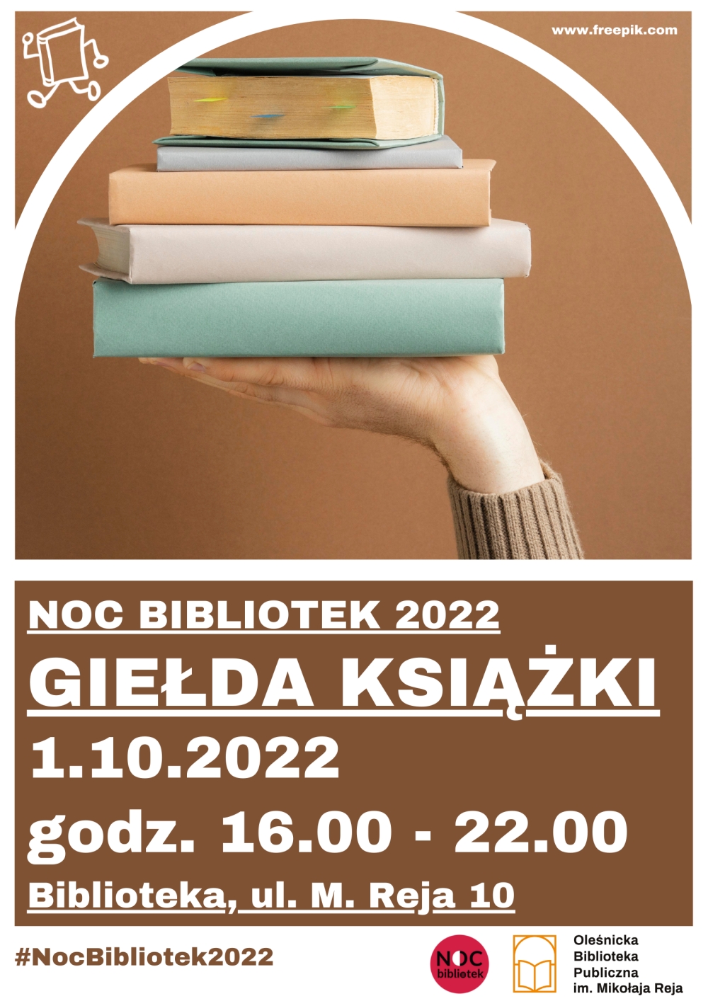 Plakat promujący Giełdę Książki w ramach Nocy Bibliotek 2022