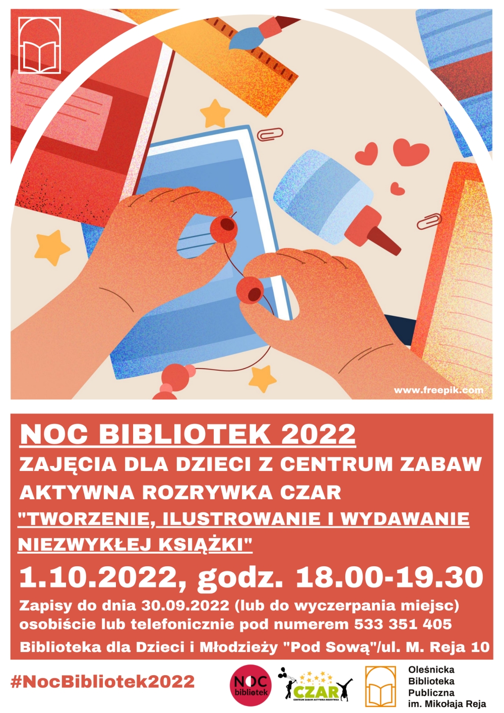 Plakat promujący warsztaty z CZAR-em w ramach Nocy Bibliotek 2022