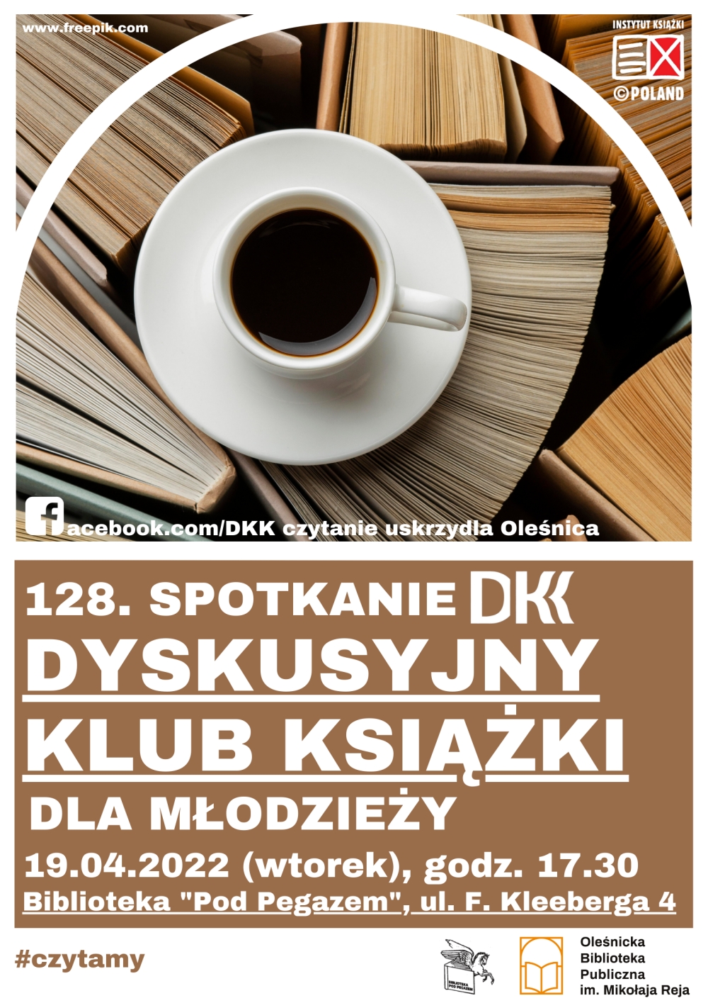 Plakat promujący 128 spotkanie w ramach DKK dla młodzieży w Bibliotece 