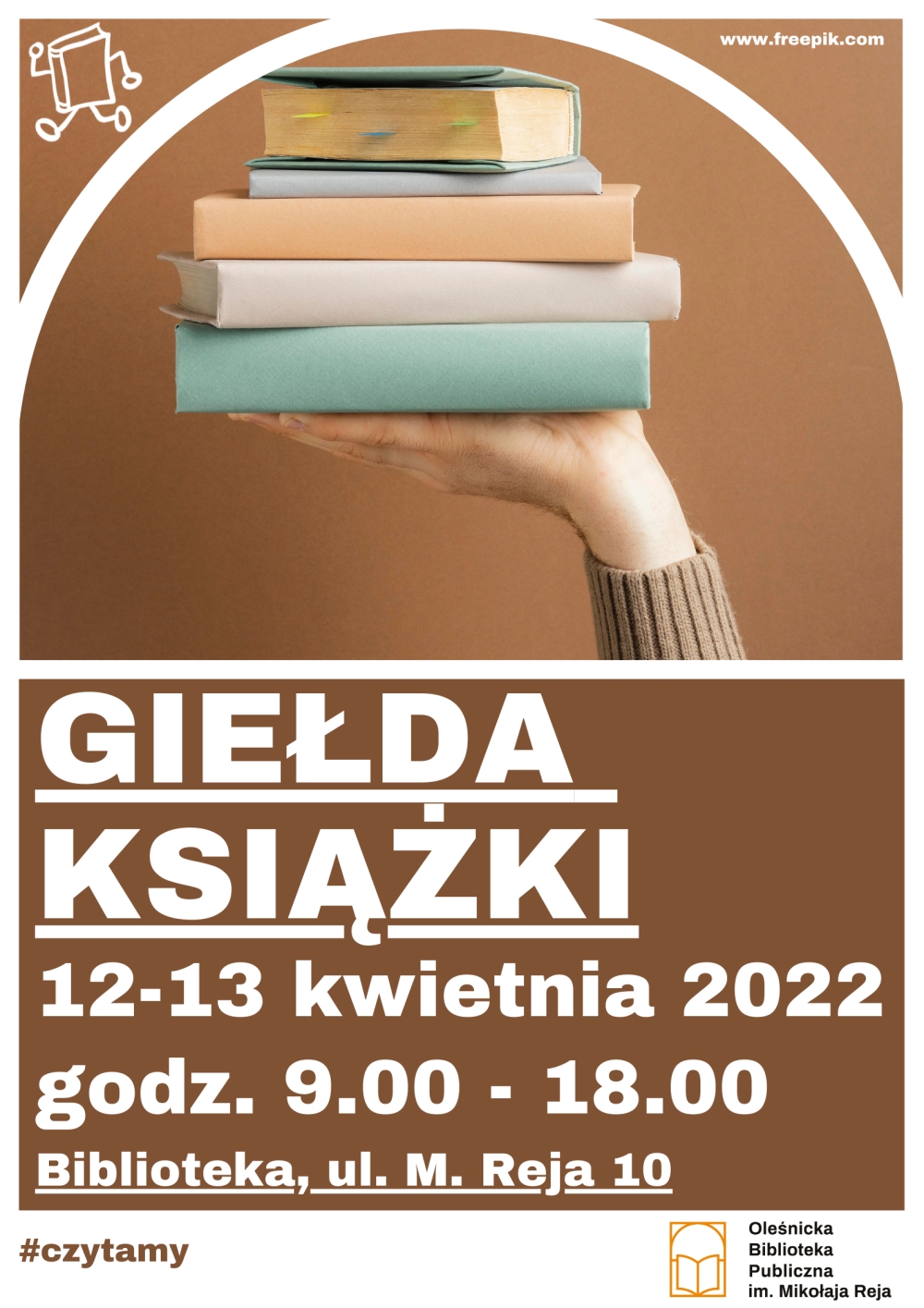 Plakat promujący kwietniową Giełdę Książki w bibliotece