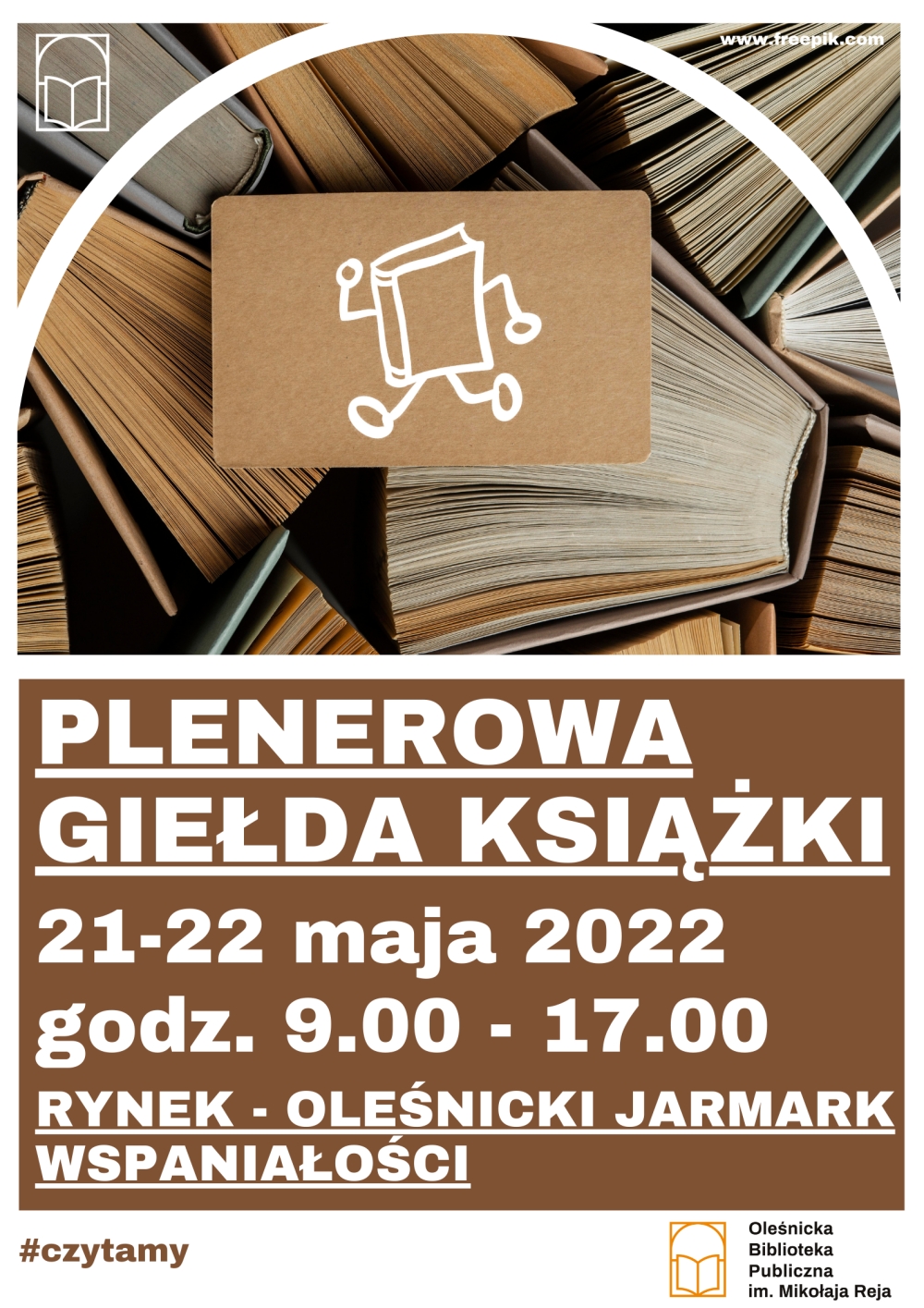 Plakat promujący plenerową Giełdę Książki na Rynku w Oleśnicy w dniach 21-22 maja