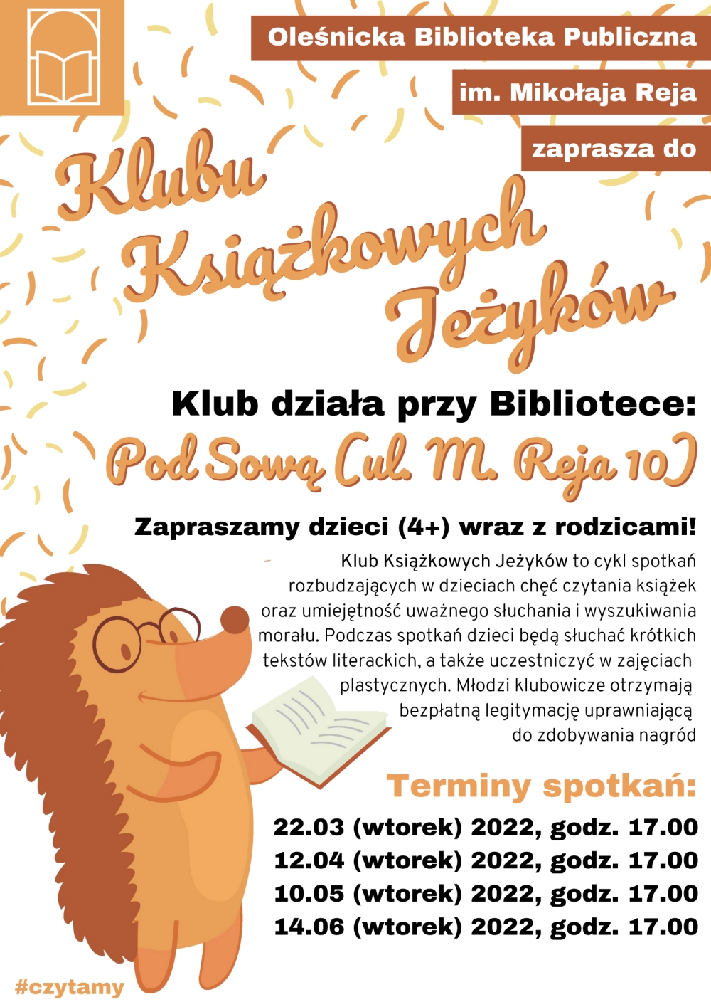 Grafika promująca zajęcia Klubu Książkowych Jeżyków w języku polskim