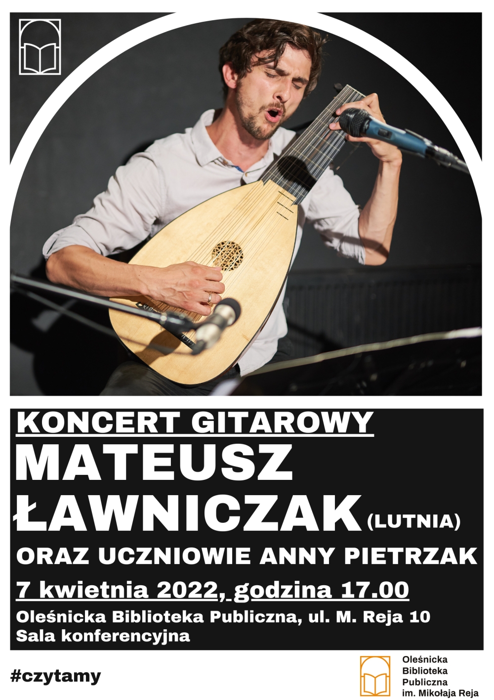 Plakat promujacy koncert Mateusza Ławniczaka i uczniów szkoły muzycznej