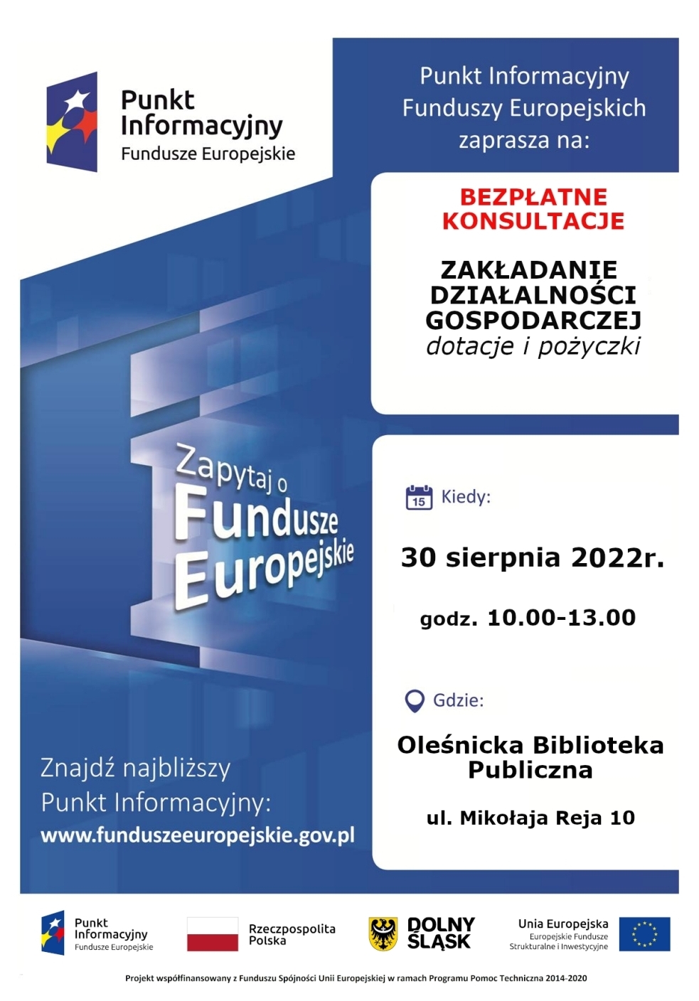 Plakat promujący bezpłatne konsultacje Punktu Informacyjnego Funduszy Europejskich