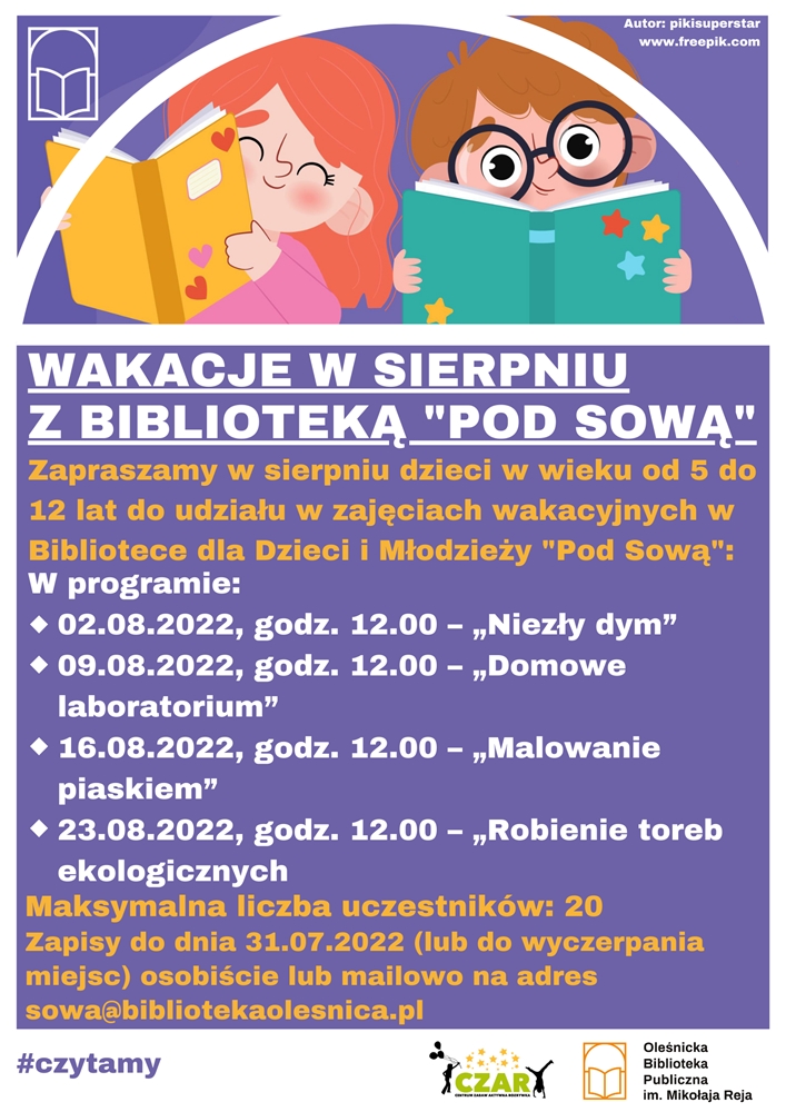Plakat promujący zapisy na zajęcia wakacyjne w Bibliotece 
