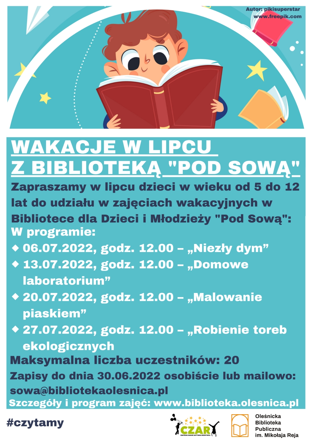 Plakat promujący zapisy do zajęć wakacyjnych w Bibliotece 