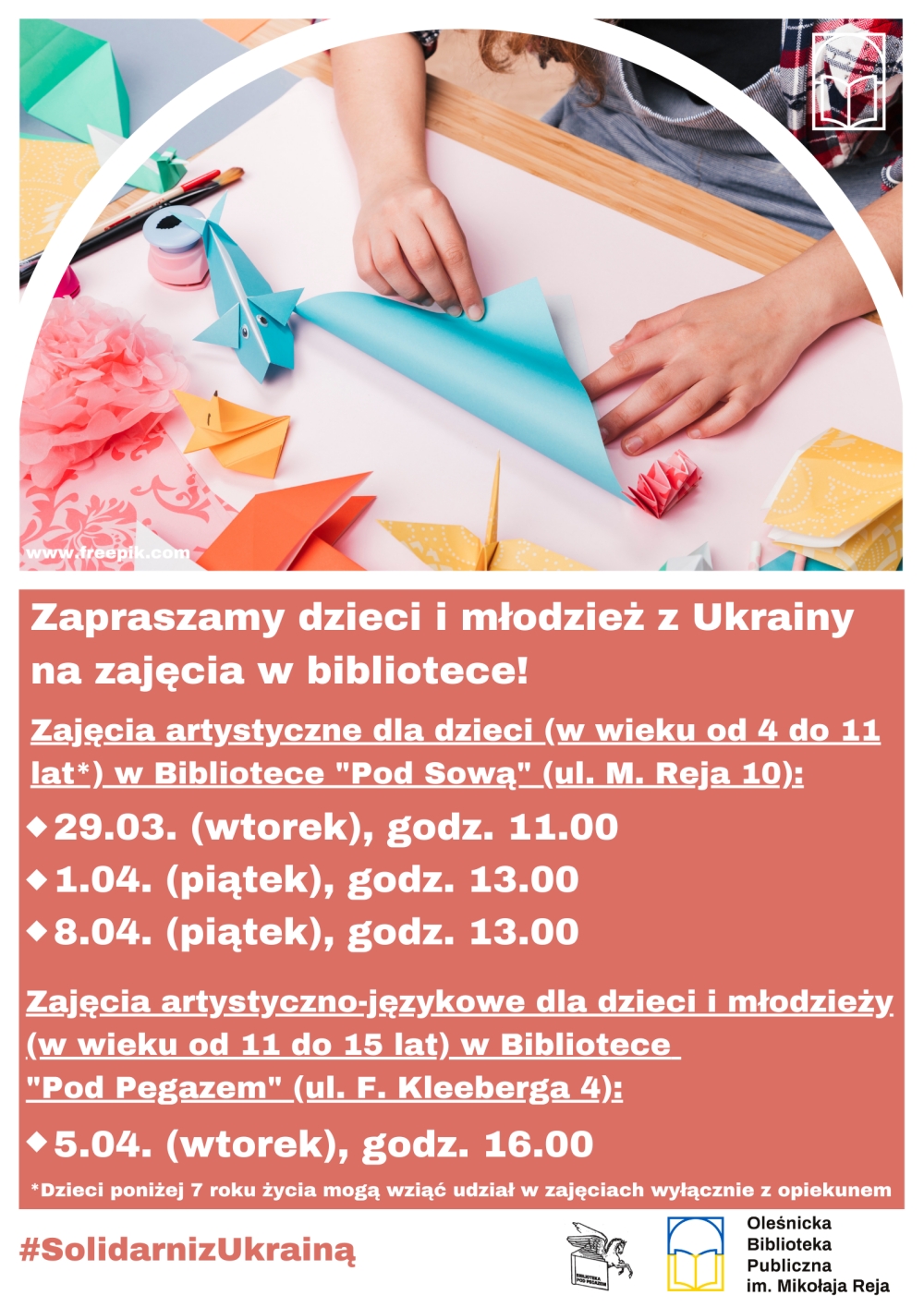 Plakat promujący zajęcia dla dzieci z Ukrainy w języku polskim