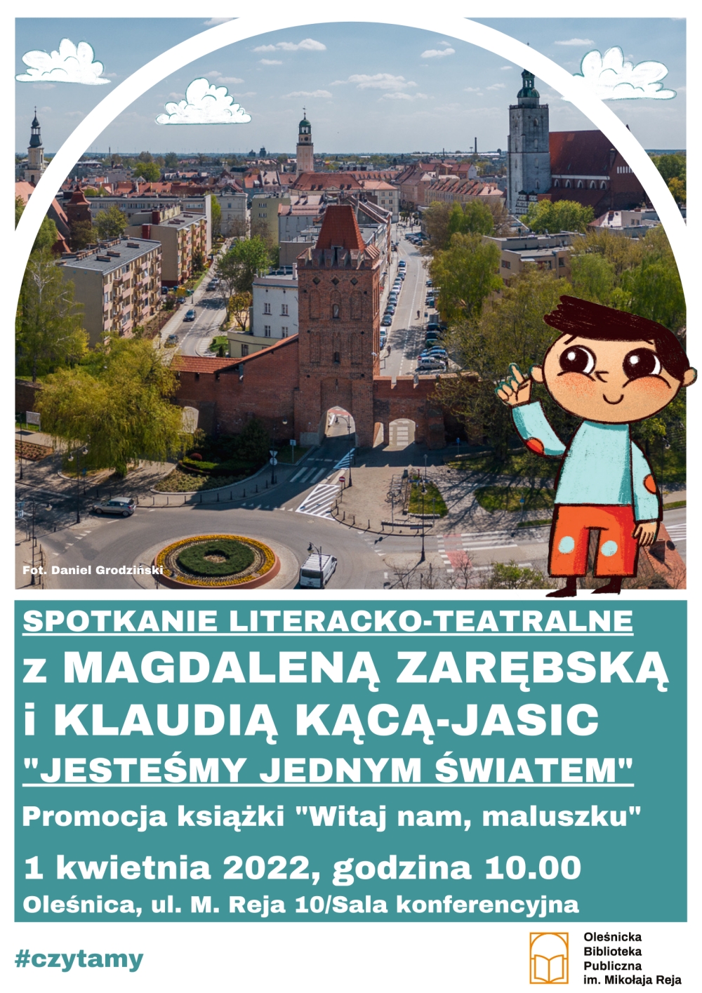 Plakat promujący kwietniowe spotkanie literacko-teatralne w oleśnickiej bibliotece
