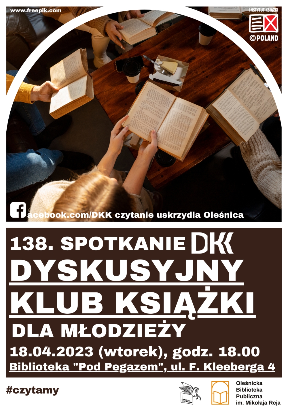 Plakat promujący 138 spotkanie w ramach klubu książki dla młodzieży