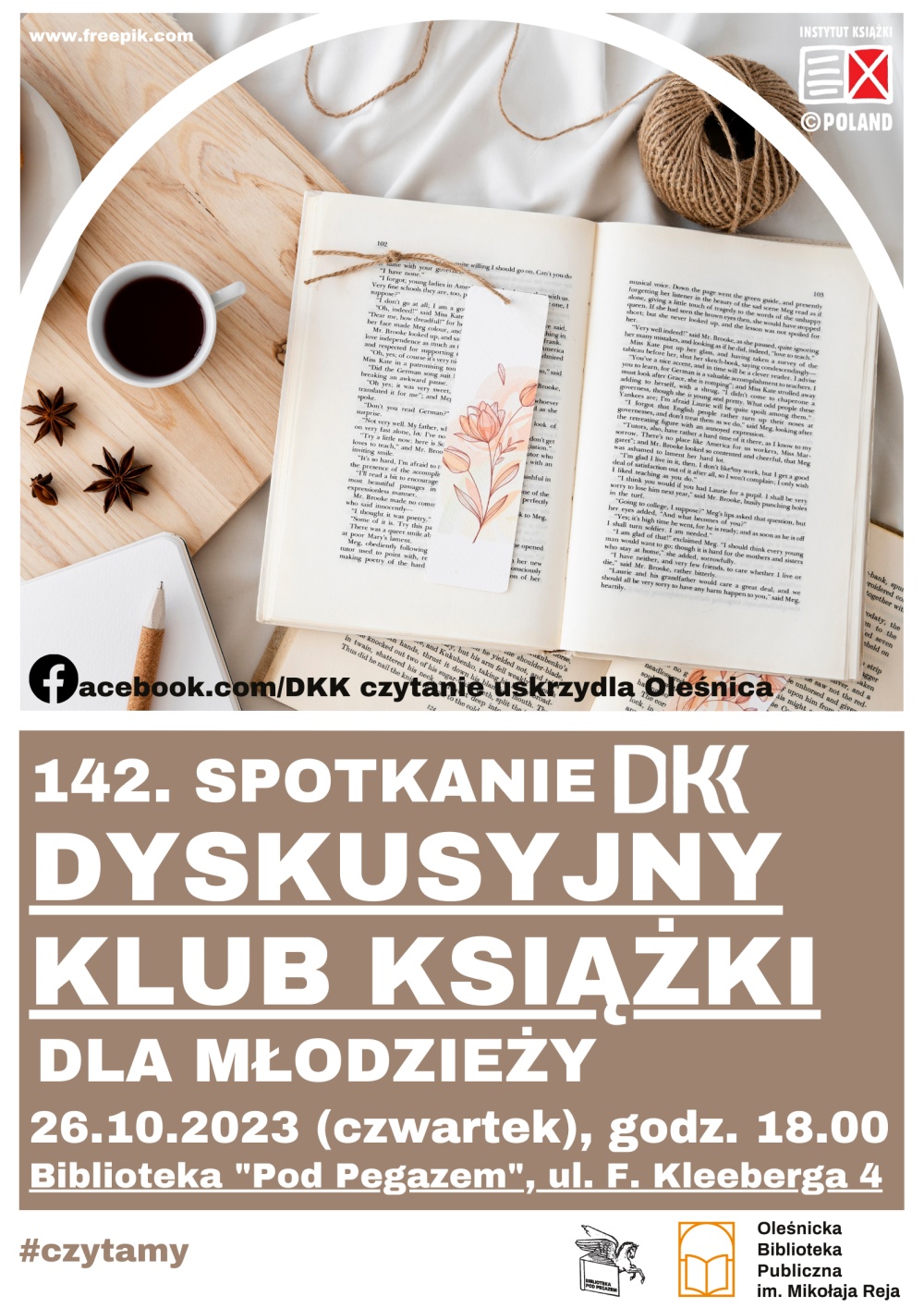 Plakat promujący spotkanie w ramach Dyskusyjnego Klubu Książki dla Młodzieży