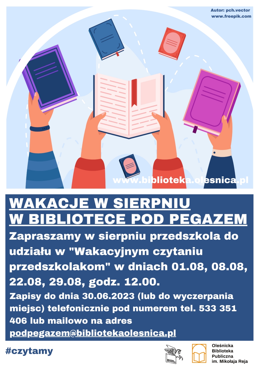Plakat promujący zajęcia wakacyjne dla przedszkoli w Bibliotece Pod Pegazem Plakat promujący zajęcia wakacyjne dla przedszkoli w Bibliotece Pod Pegazem