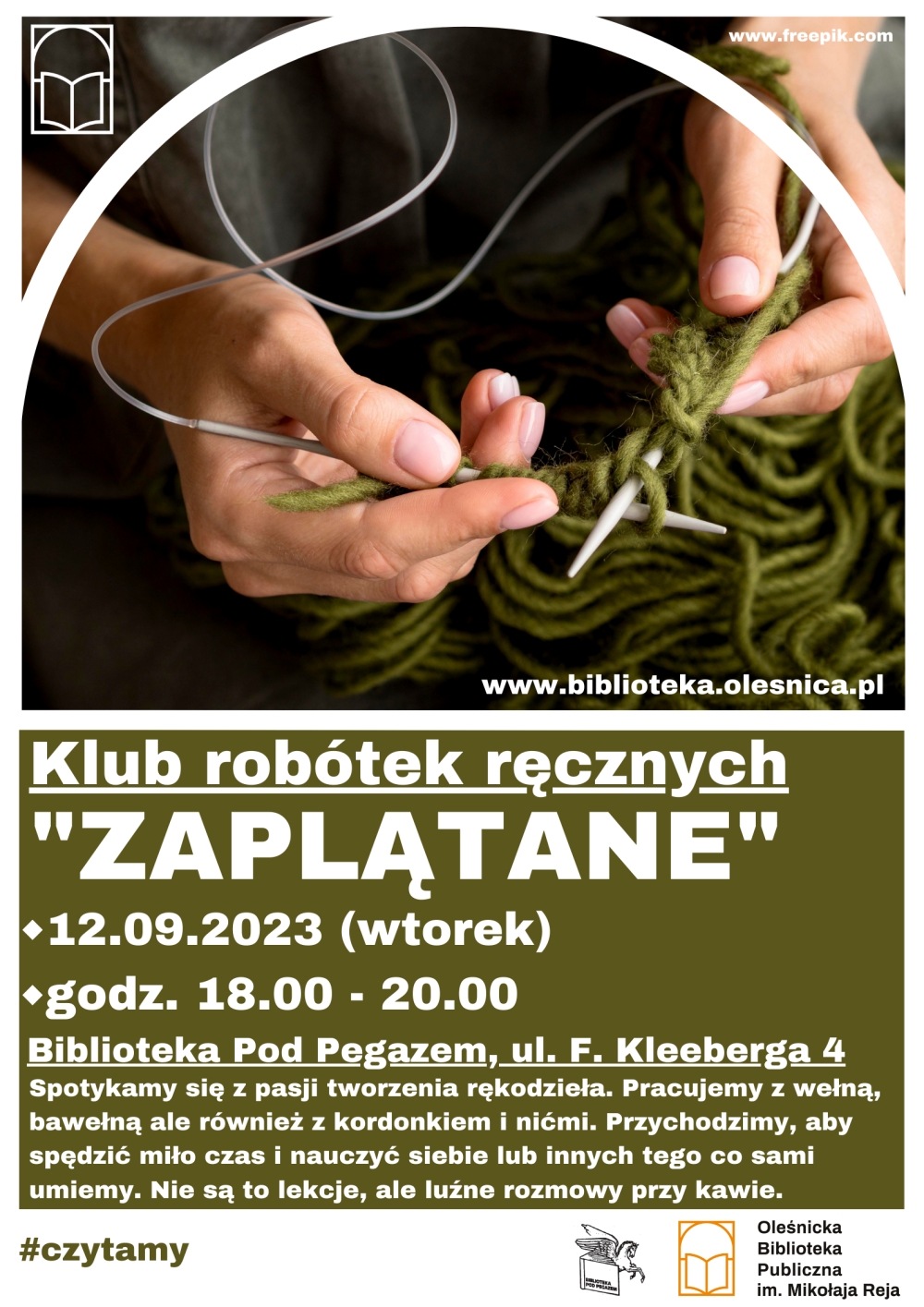 Plakat promujący spotkanie Klubu Robótek Ręcznych "Zaplątane" 12 września w Bibliotece Pod Pegazem Plakat promujący spotkanie Klubu Robótek Ręcznych "Zaplątane" 12 września w Bibliotece Pod Pegazem