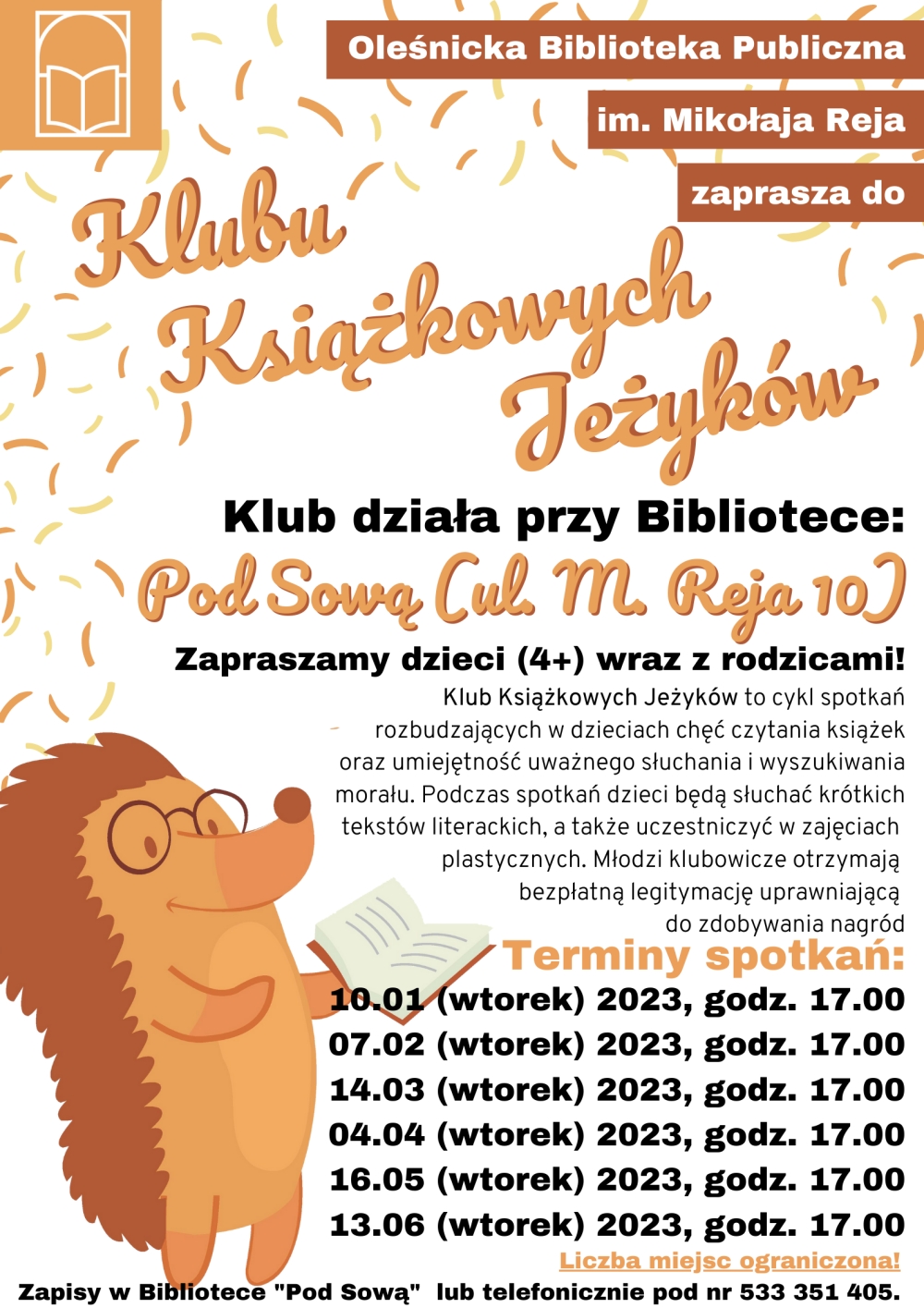 Plakat z harmonogramem spotkań w ramach Klubu Książkowych Jeżyków