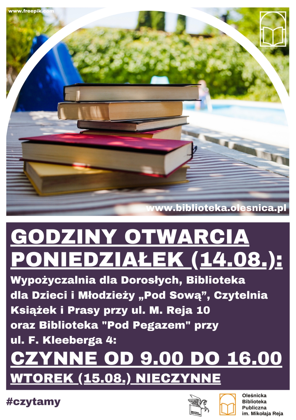 Godziny otwarcia biblioteki w poniedziałek 14.08.2023 r.