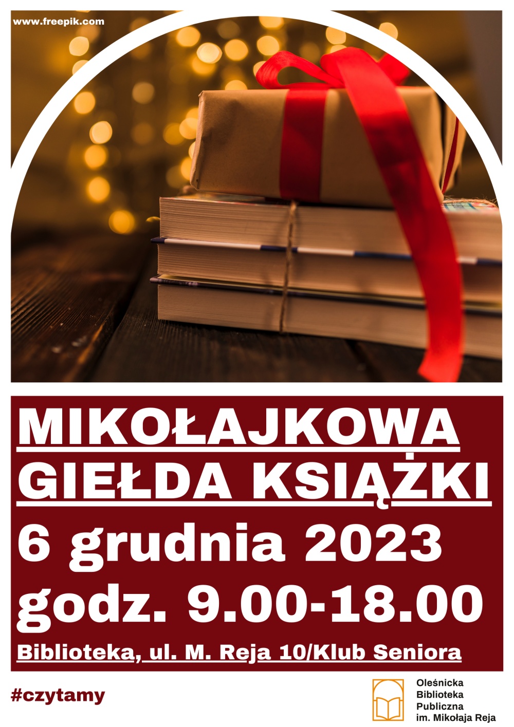 Plakat promujący mikołajkową Giełdę Książki