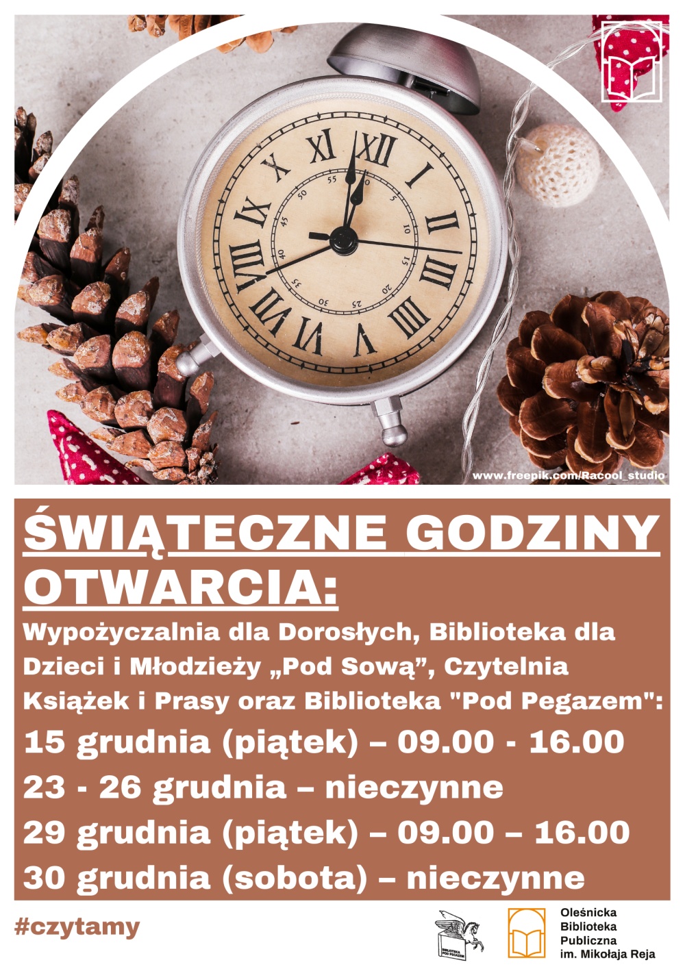 Plakat z grudniowymi godzinami otwarcia biblioteki
