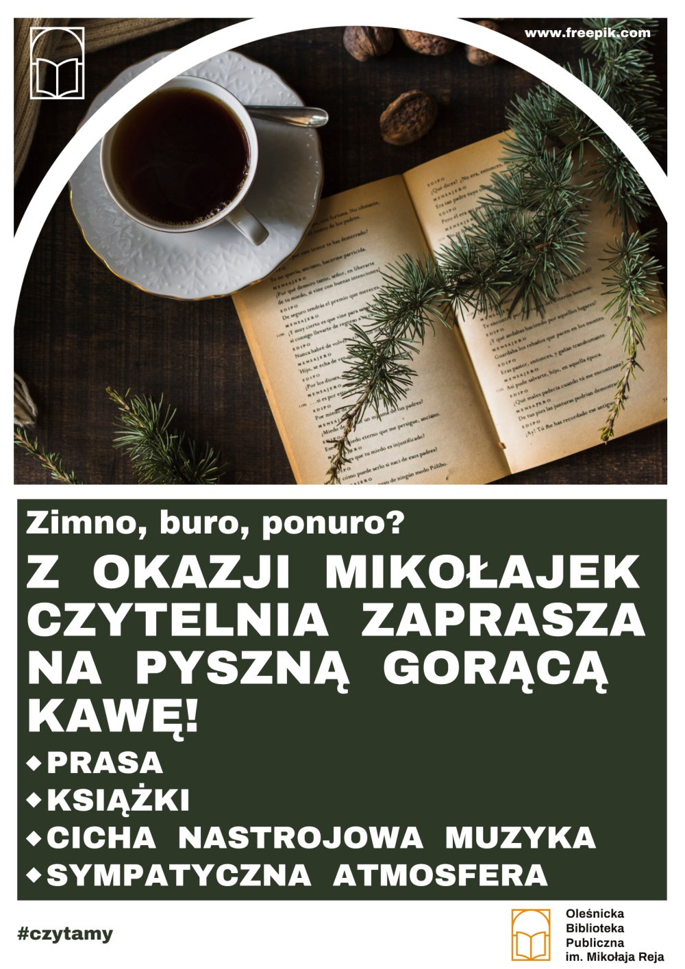 Plakat promujący kawowy kącik w Czytelni z okazji Mikołajek
