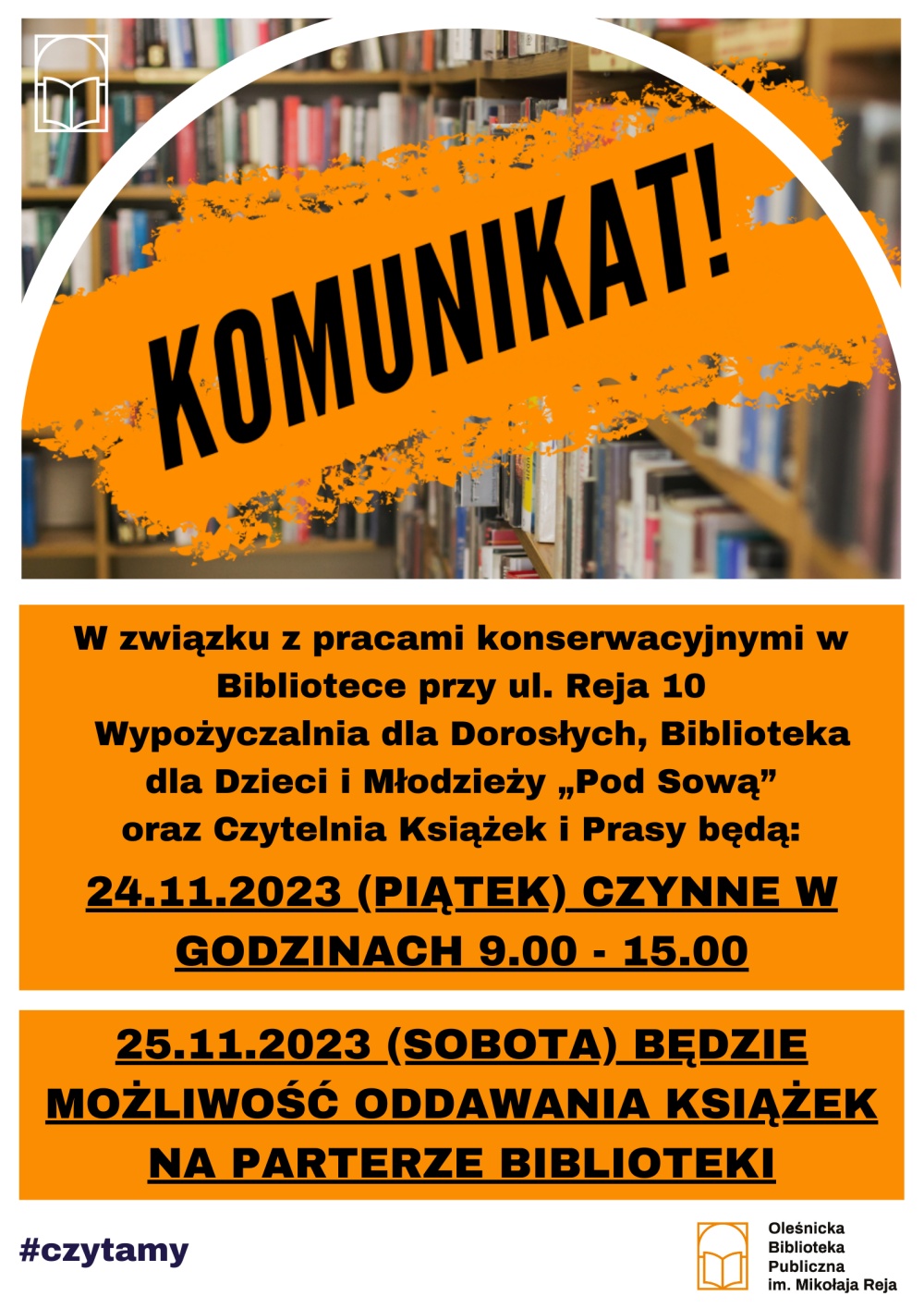 Plakat informujący o zmianie godzin otwarcia w dniu 24.11.2023