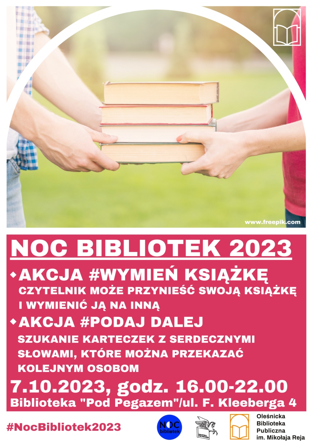 Plakat promujący akcje w Bibliotece Pod Pegazem w ramach Nocy Bibliotek