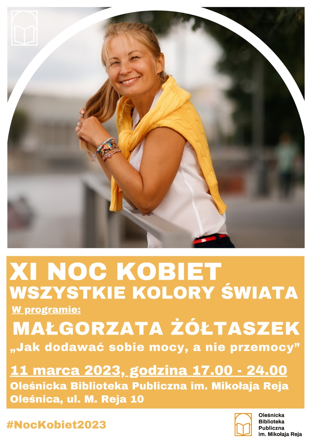 Plakat promujący spotkanie z Małgorzatą Żółtaszek w ramach XI Nocy Kobiet