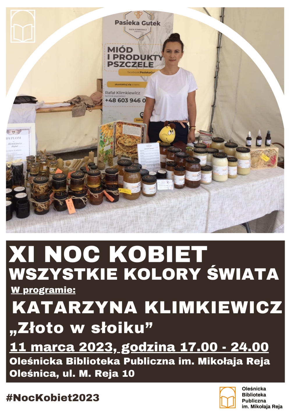 Plakat promujący spotkanie z Katarzyną Klimkiewicz w ramach XI Nocy Kobiet