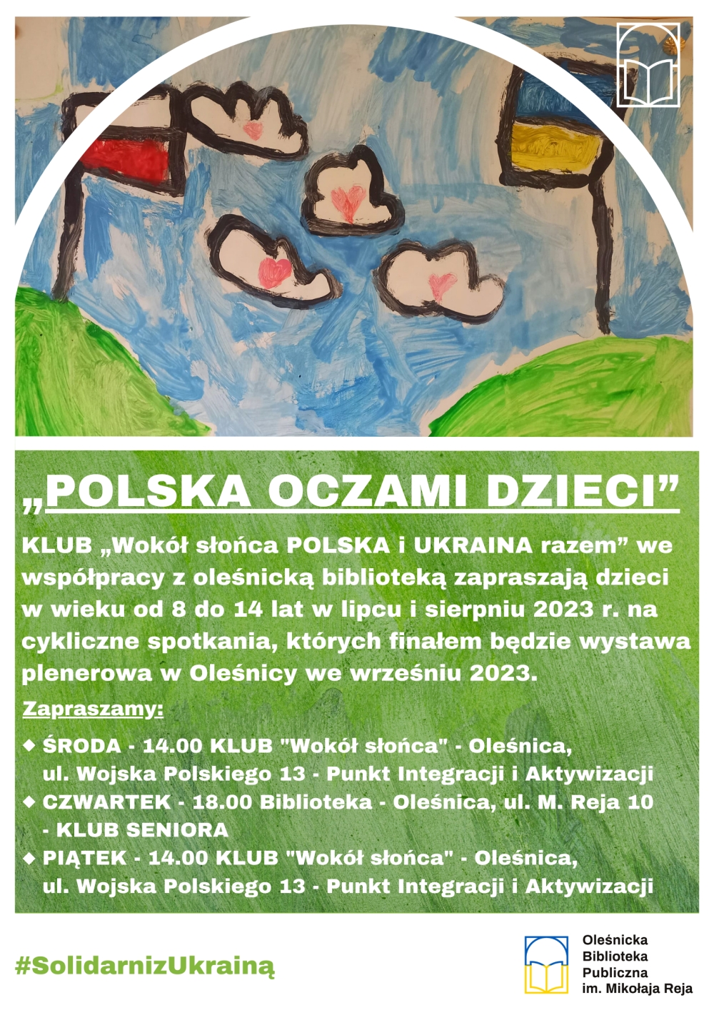 Plakat w języku polskim promujący spotkania w ramach projektu "Polska oczami dzieci"