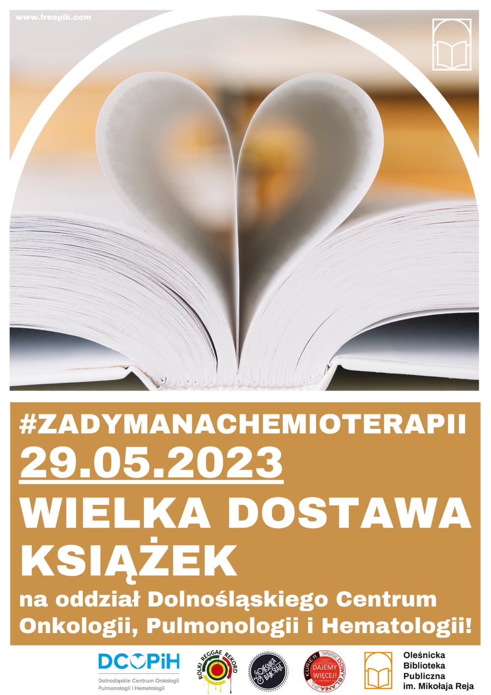 Plakat promujący akcję dostawy książek do Dolnośląskiego Centrum Onkologii, Pulmunologii i Hematologii
