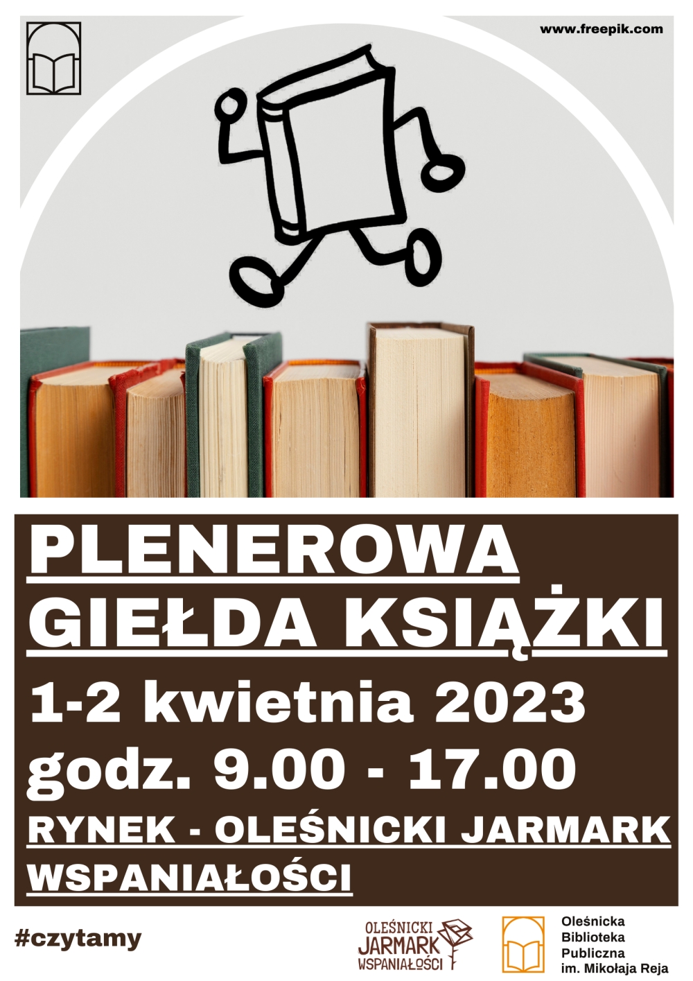 Plakat promujący kwietniową, plenerową Giełdę Książki