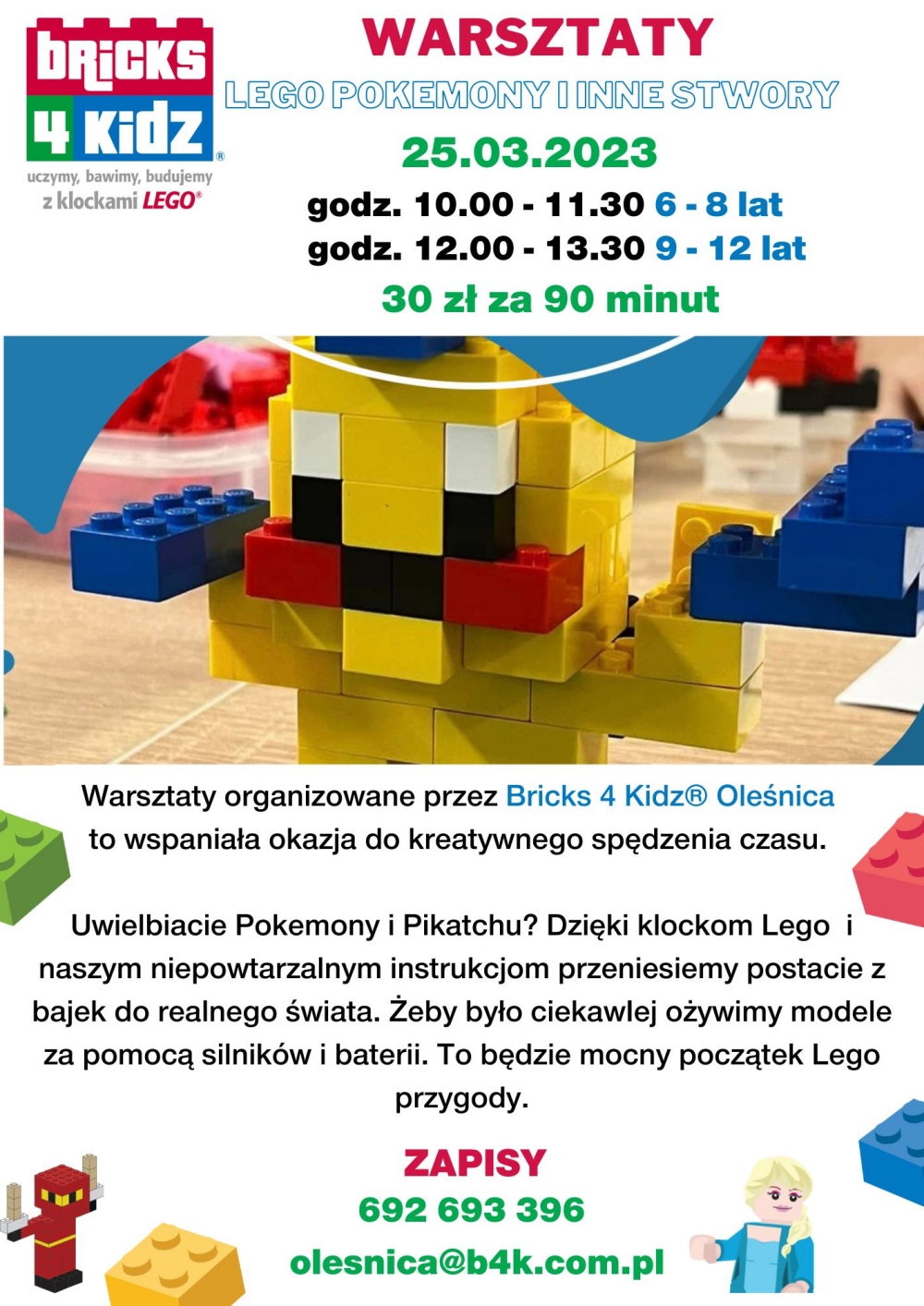 Plakat promujący warsztaty z Lego 25.03.2023