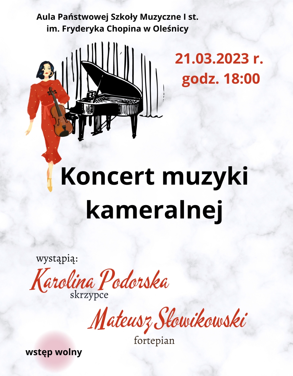 Plakat promujący koncert muzyki kameralnej w Państwowej Szkole Muzycznej w Oleśnicy