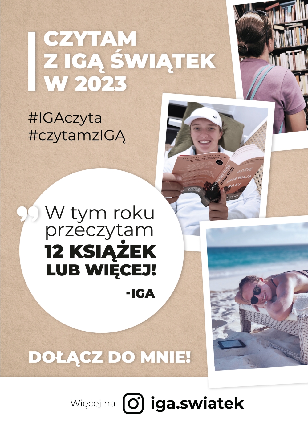 Oficjalny plakat promujący wyzwanie czytelnicze z Igą Świątek 
