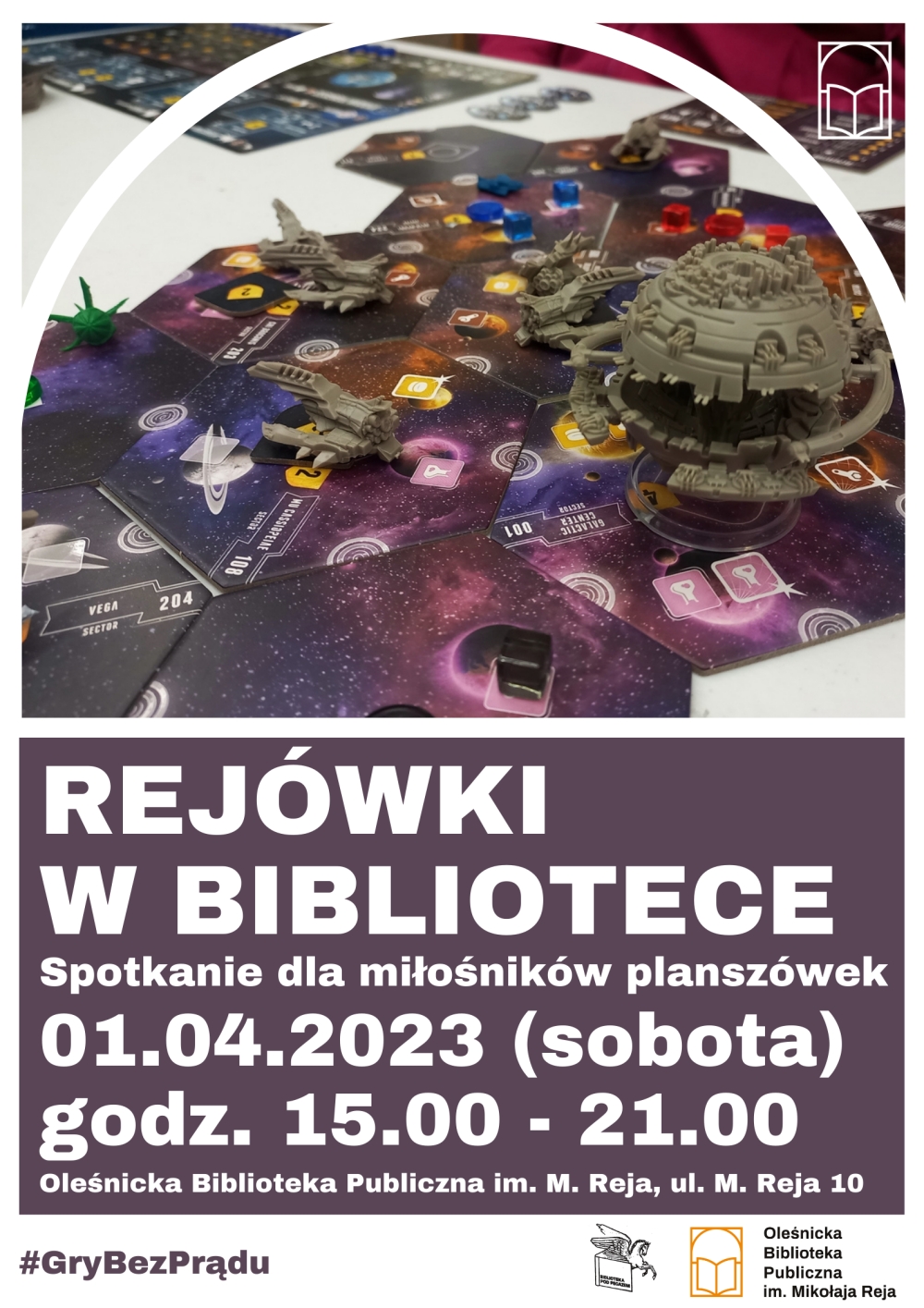 Plakat promujący kwietniowe spotkanie dla miłośników gier planszowych Plakat promujący kwietniowe spotkanie dla miłośników gier planszowych