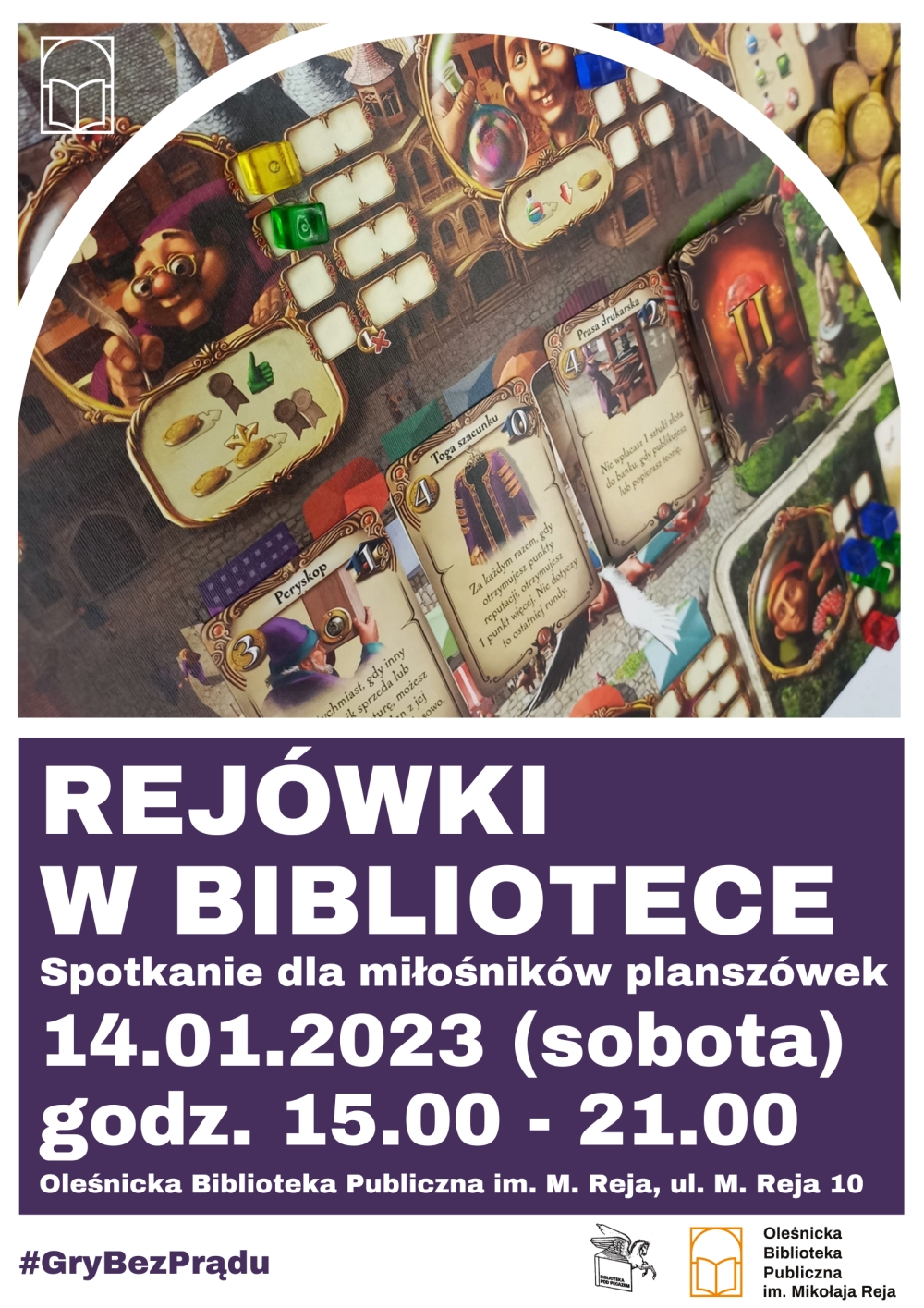 Plakat promujący stycznieowe spotkanie dla miłośników gier planszowych