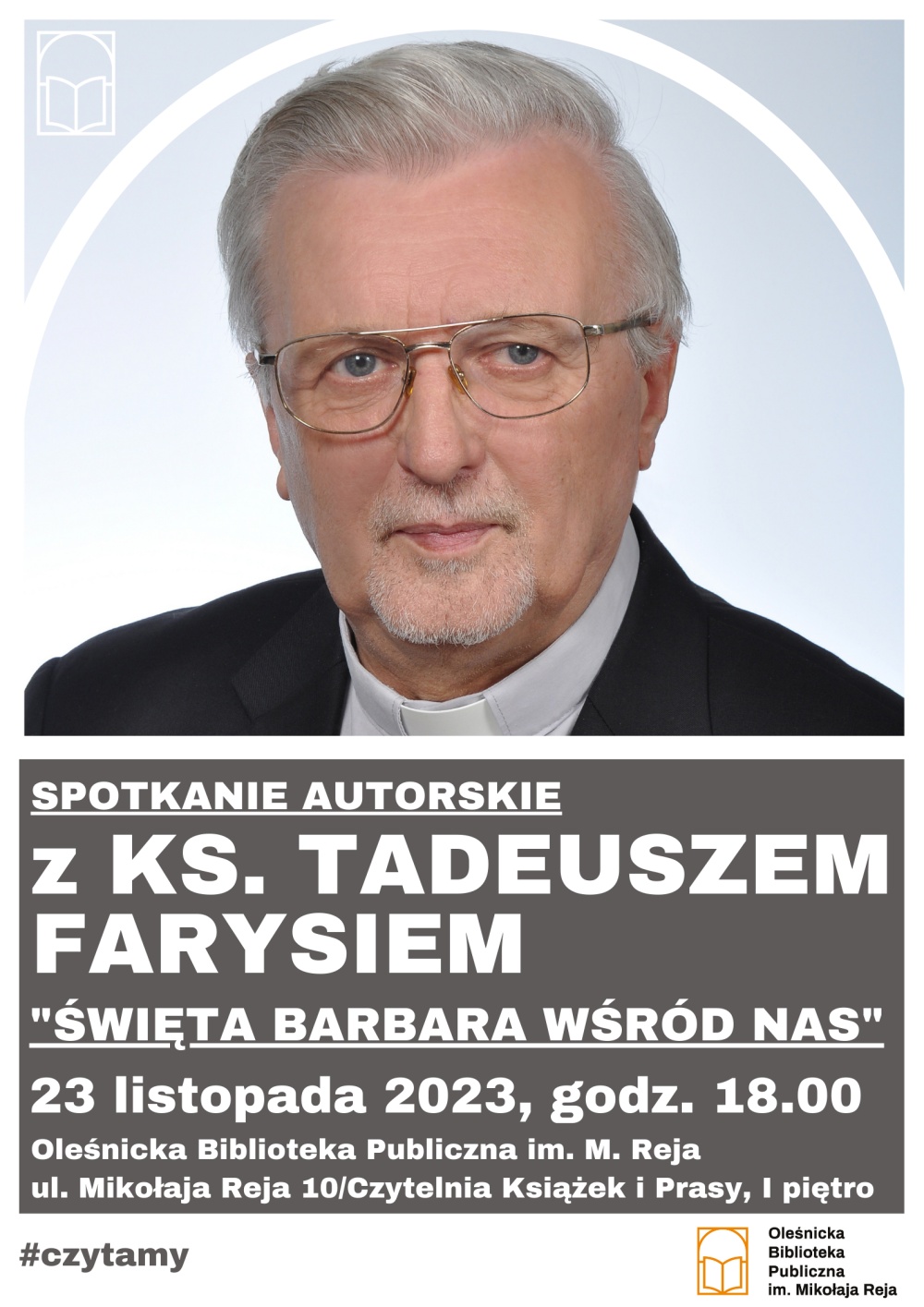 Plakat promujący spotkanie autorskie z księdzem Tadeuszem Farysiem