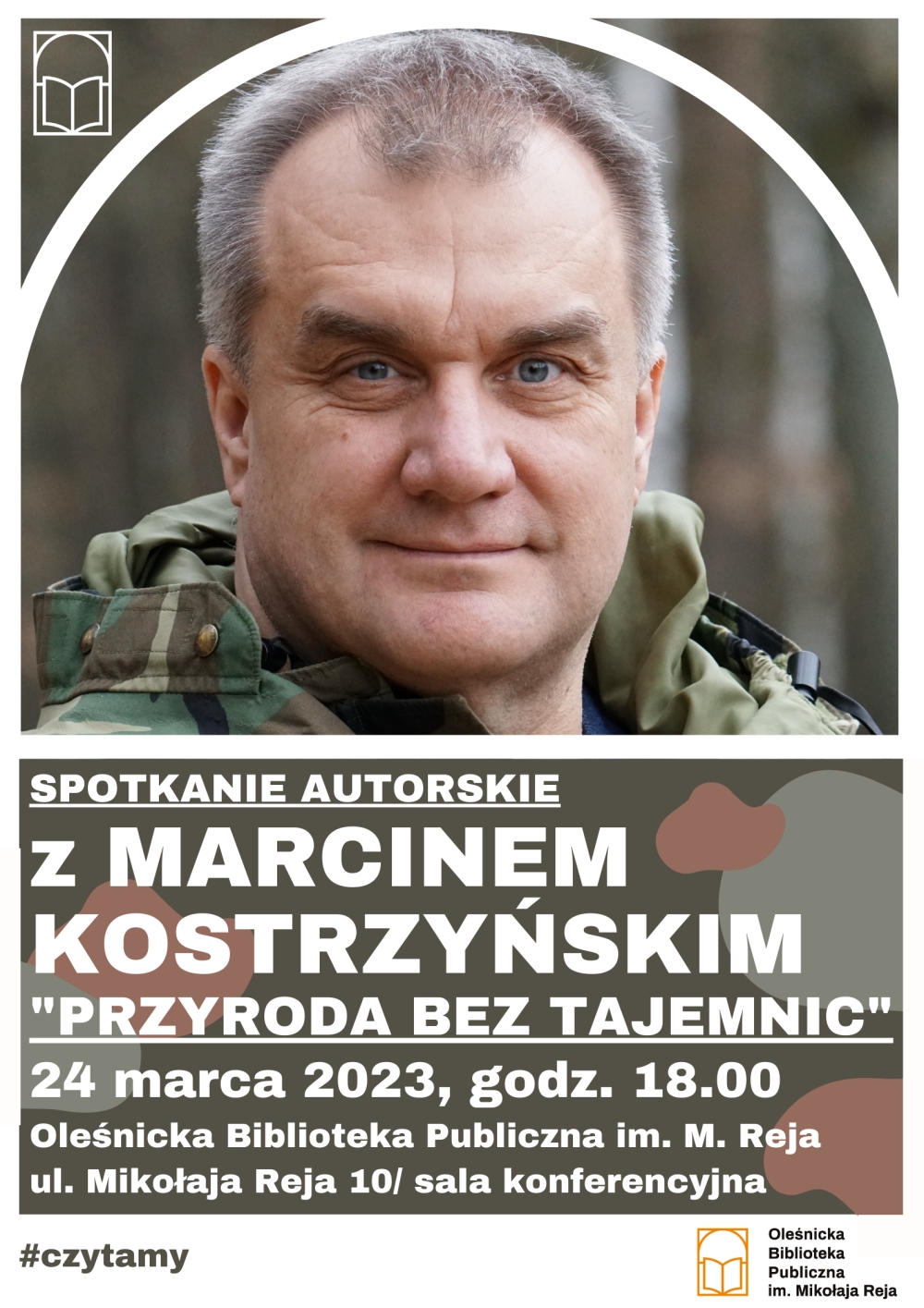 Plakat promujący spotkanie z Marcinem Kostrzyńskim