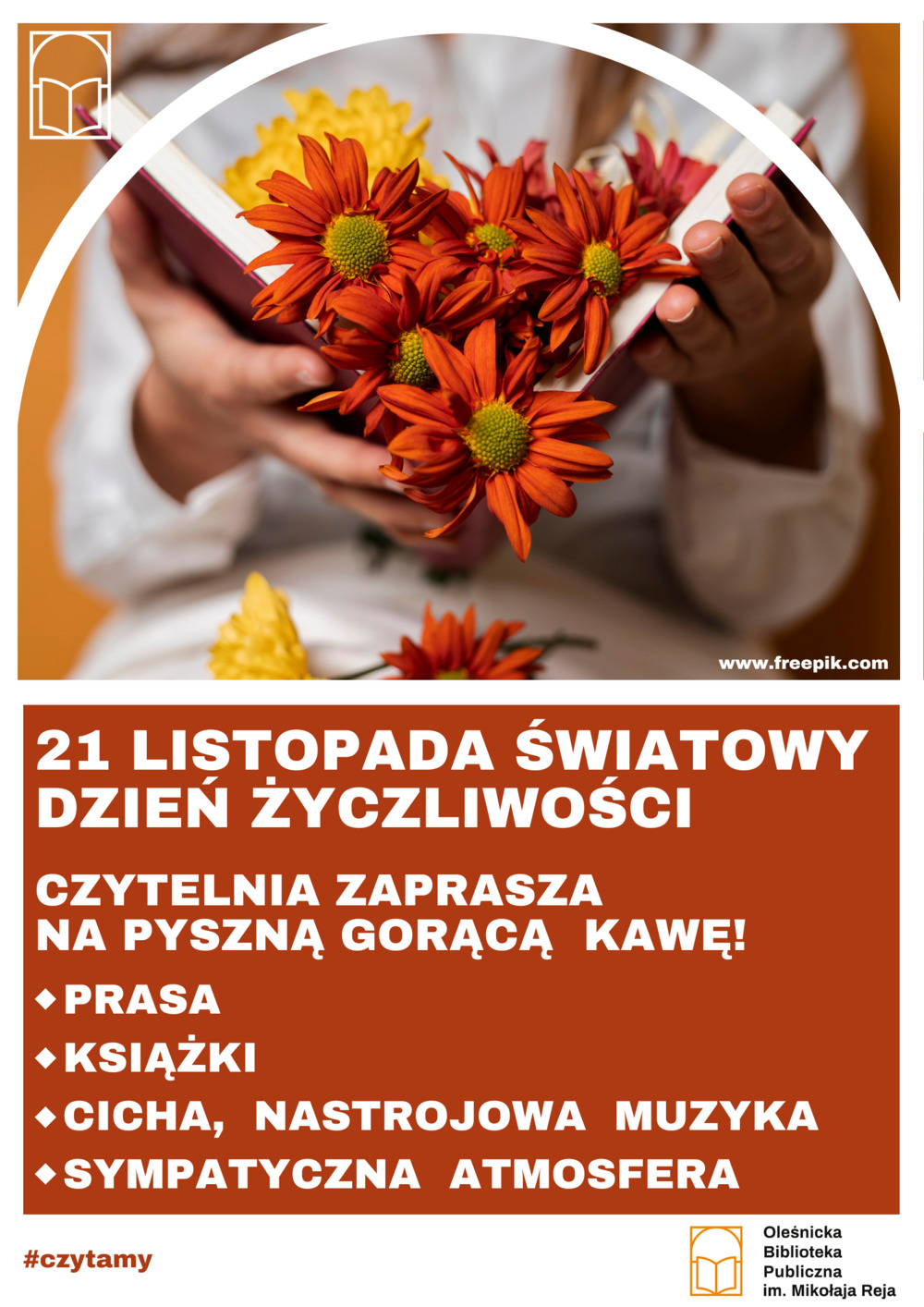 Plakat informujący o poczęstunku z okazji Dnia Życzliwości w Czytelni