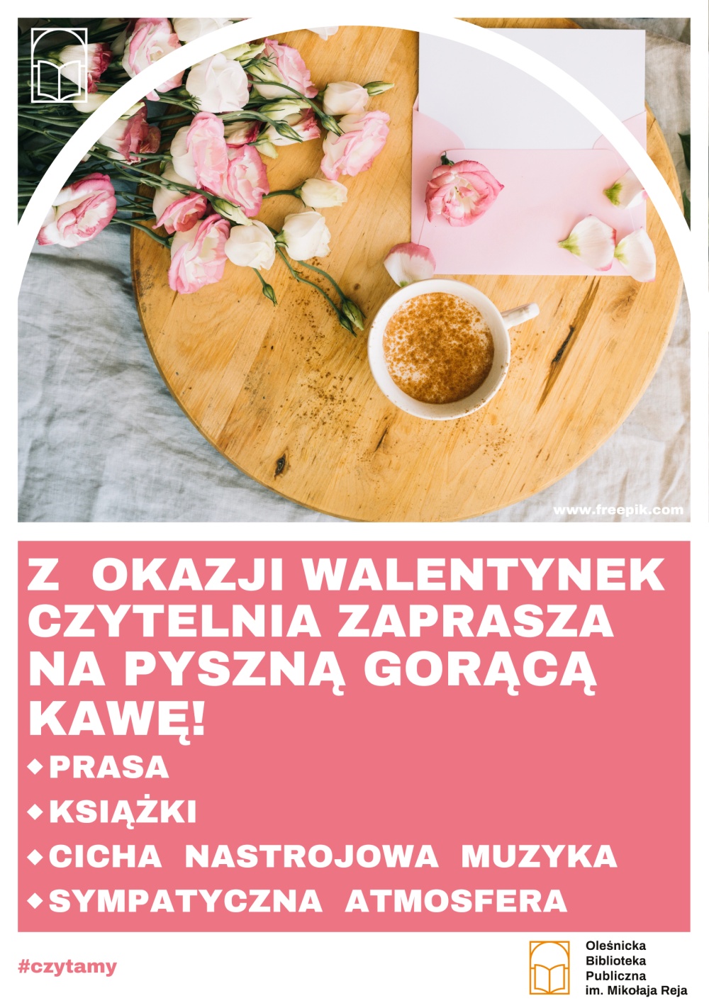 Plakat promujący kawę w Czytelni z okazji Walentynek