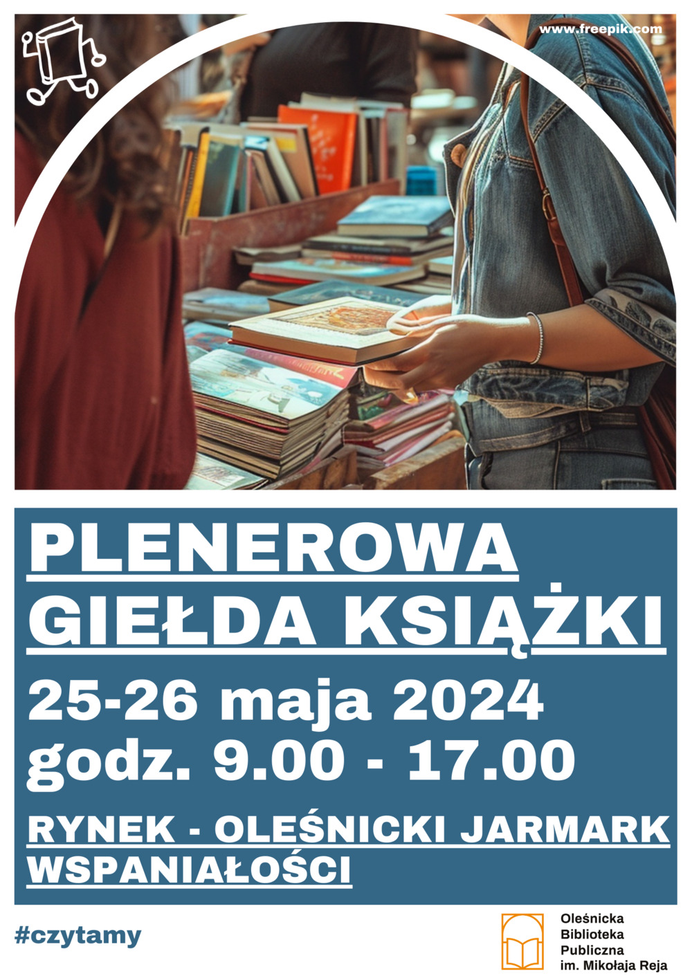 Plakat promujący Plenerową Giełdę Książki