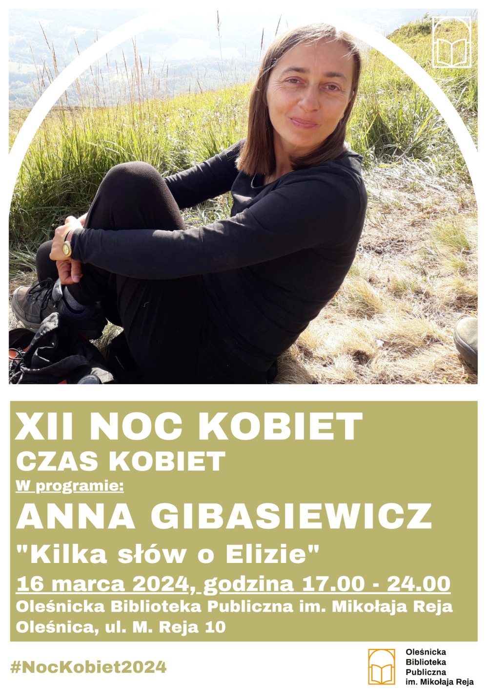 Plakat promujący spotkanie z Anną Gibasiewicz w ramach XII Nocy Kobie Plakat promujący spotkanie z Anną Gibasiewicz w ramach XII Nocy Kobie