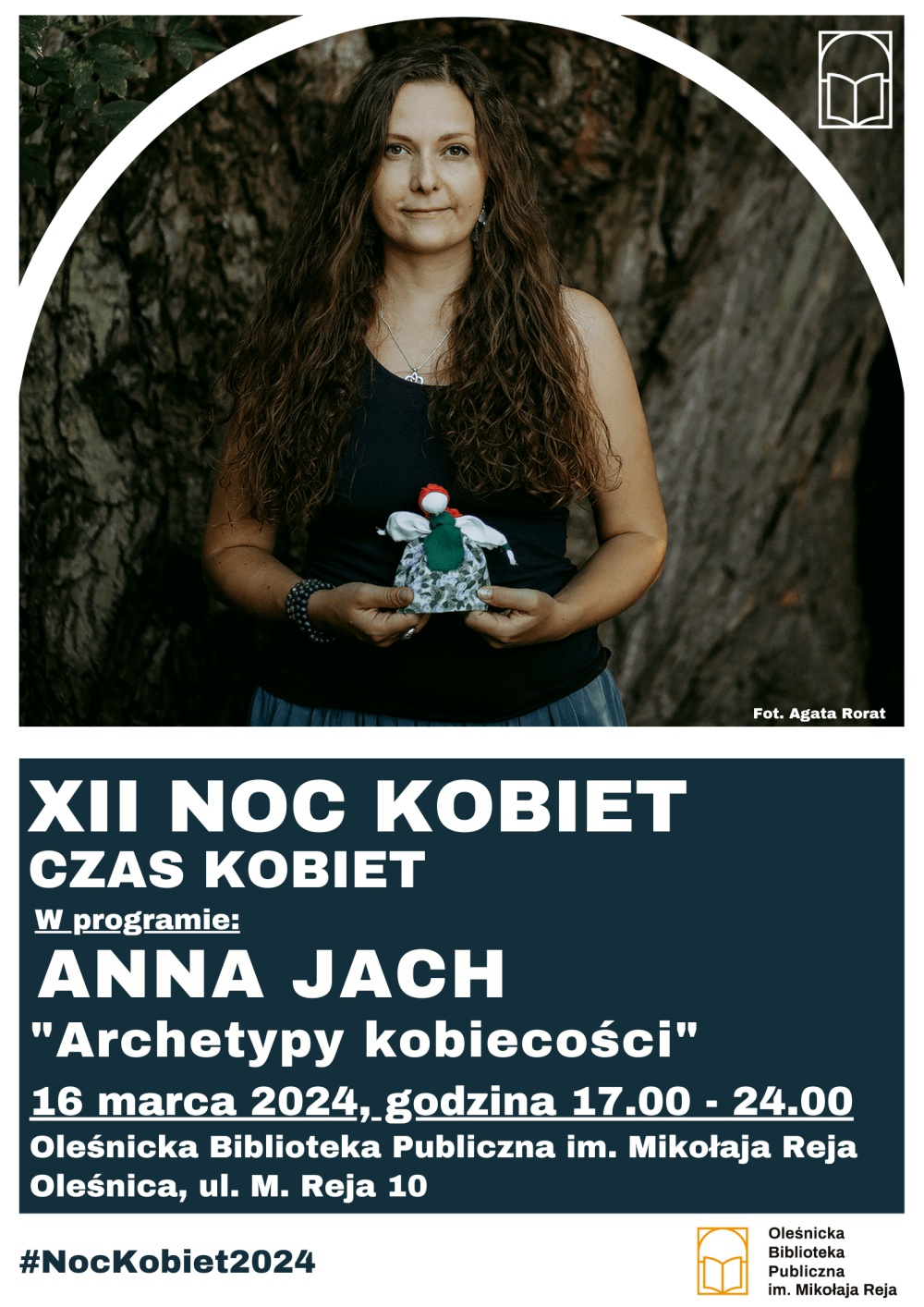 Plakat promujący spotkanie z Anną Jach w ramach XII Nocy Kobie Plakat promujący spotkanie z Anną Jach w ramach XII Nocy Kobie