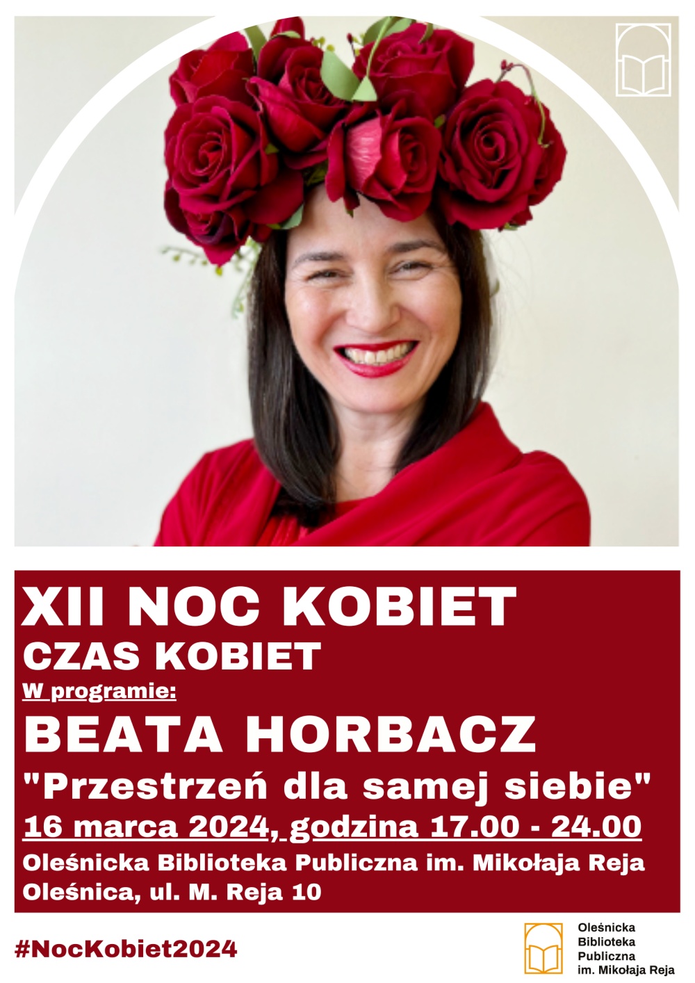 Plakat promujący spotkanie z Beatą Horbacz w ramach XII Nocy Kobie Plakat promujący spotkanie z Beatą Horbacz w ramach XII Nocy Kobie