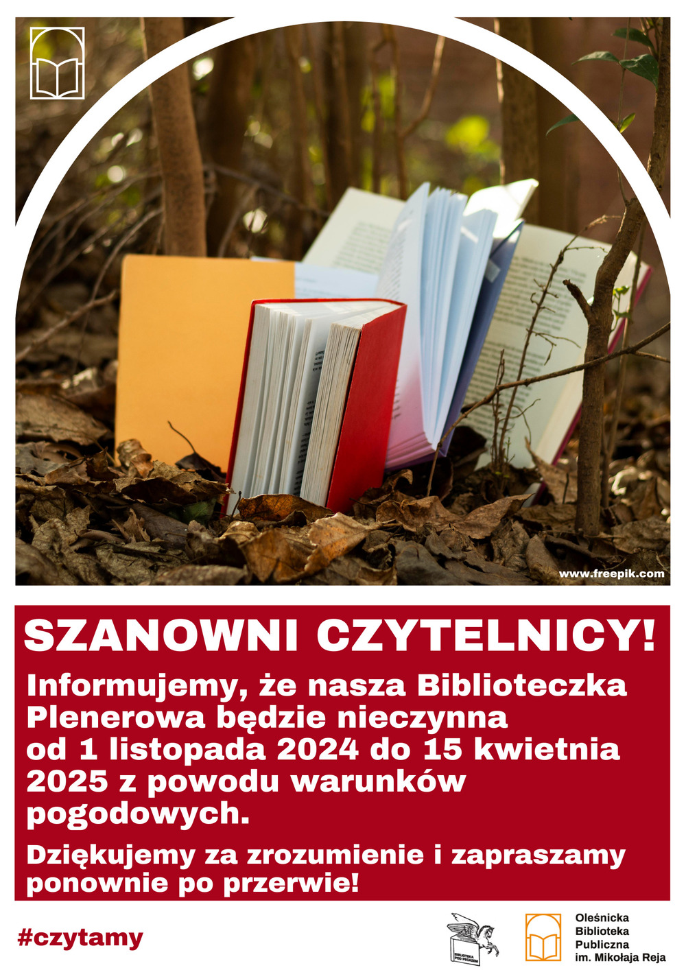 Plakat informujący o zamknięciu Biblioteczki Plenerowej na okres zimowy