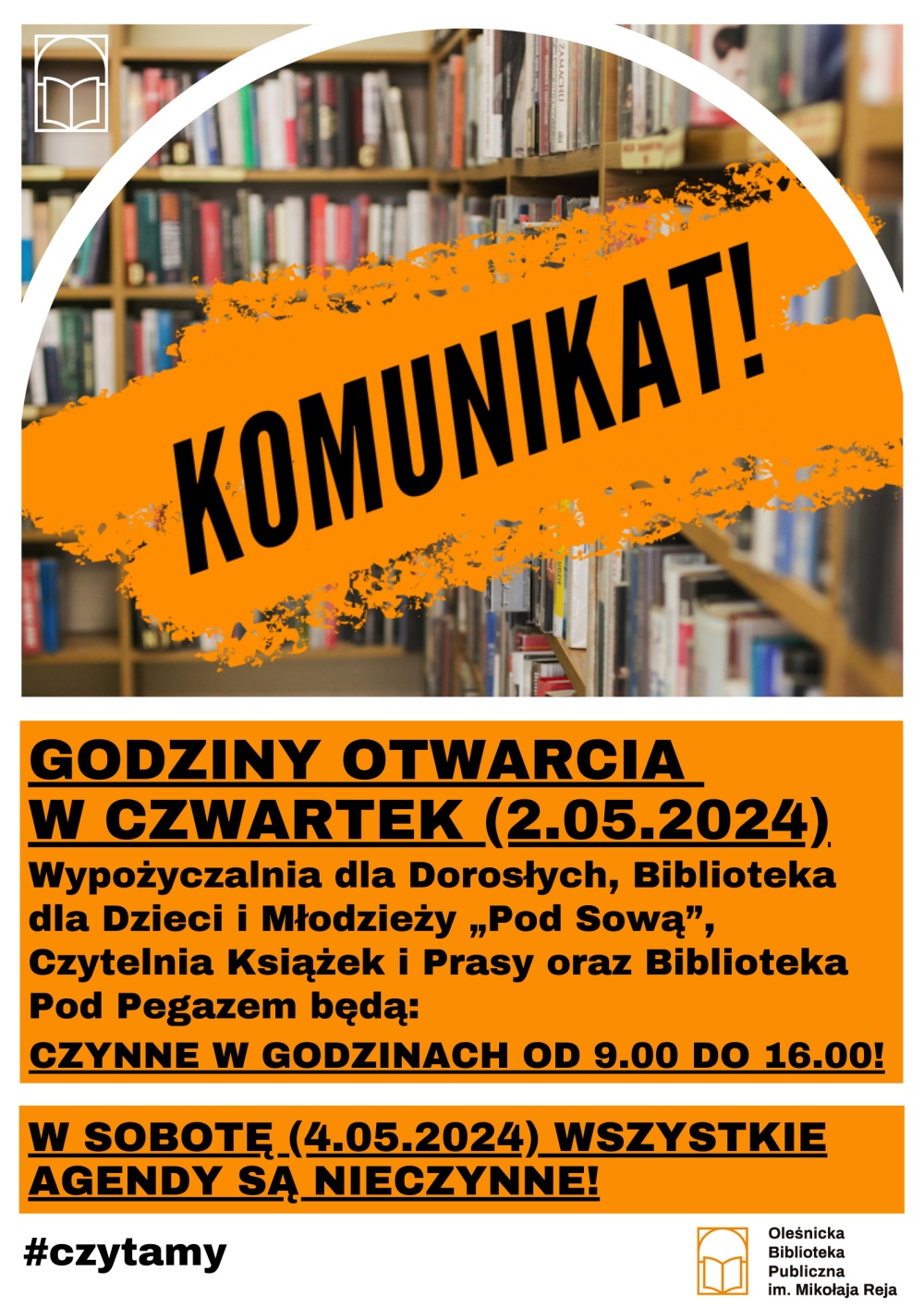 Komunikat o godzinach otwarcia w czasie weekendu majowego 2024