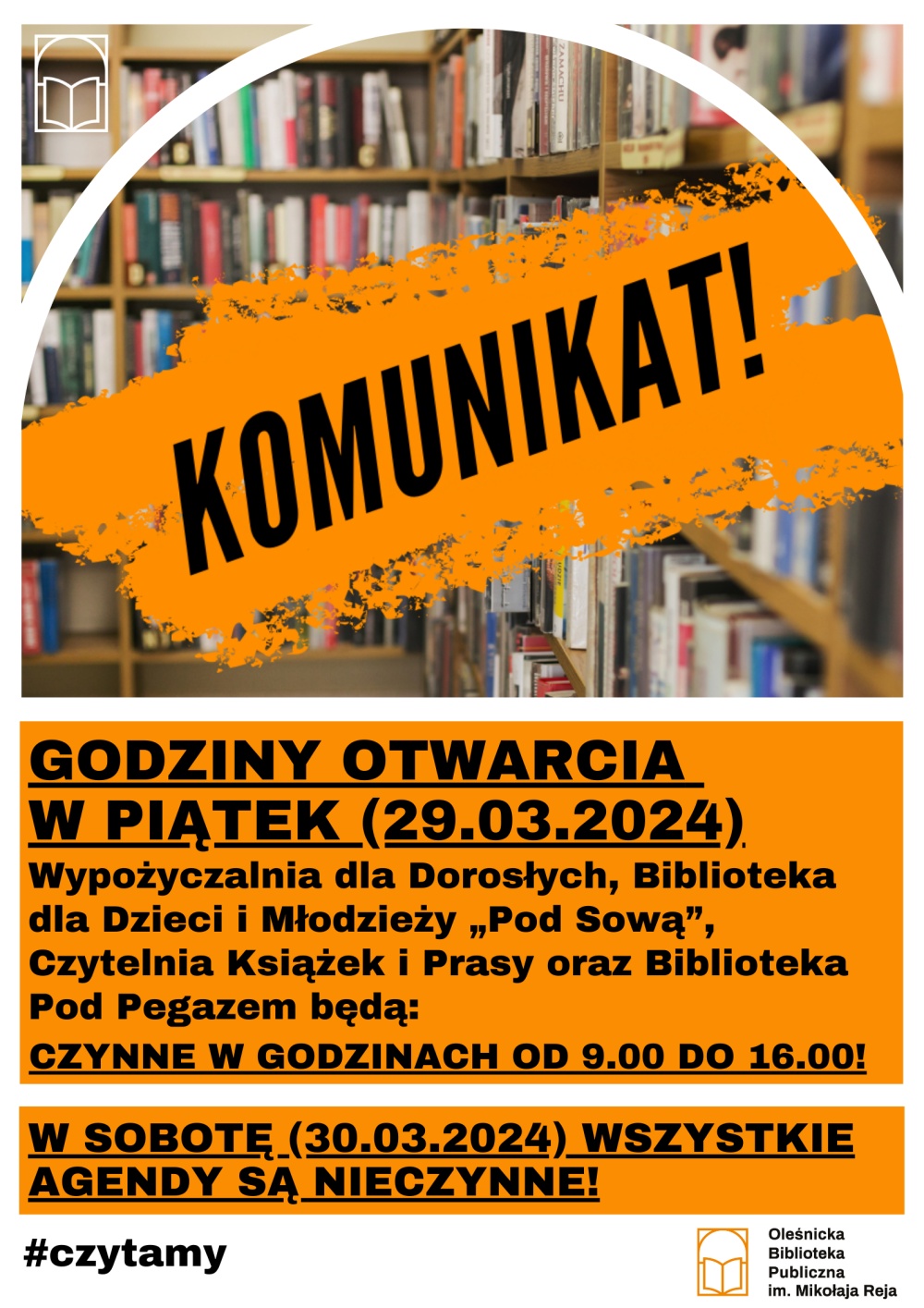 Plakat o godzinach otwarcia w piątek i sobotę przed Wielkanocą 2024