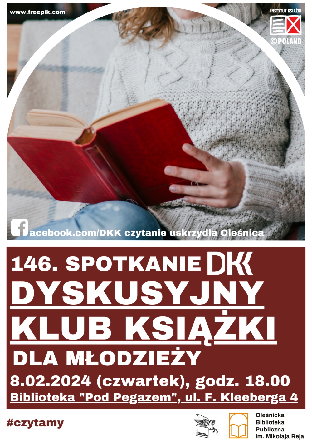 Plakat promujący spotkanie w ramach Dyskusyjnego Klubu Książki dla Młodzieży Plakat promujący spotkanie w ramach Dyskusyjnego Klubu Książki dla Młodzieży
