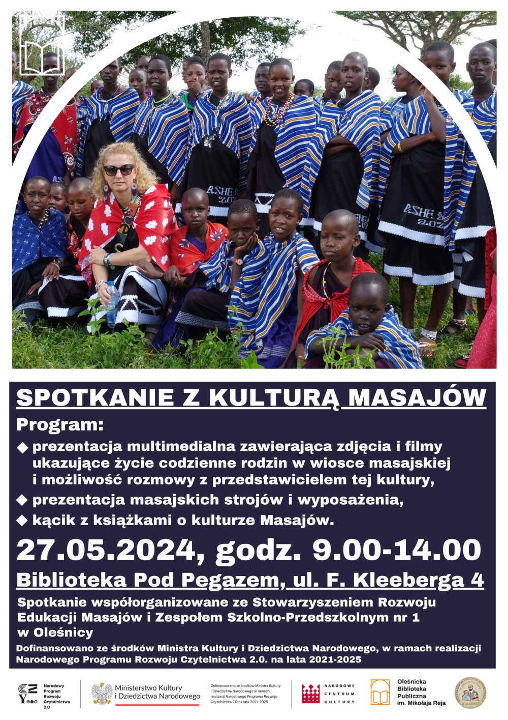 Plakat promujący spotkanie z kulturą Masajów w Bibliotece Pod Pegazem