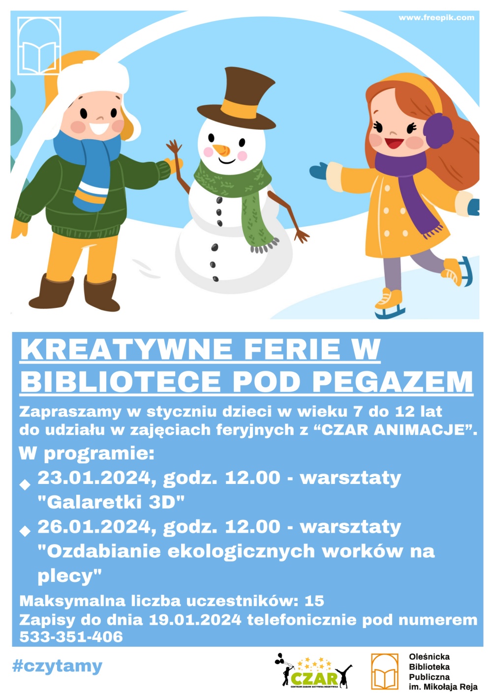 Plakat promujący zajęcia feryjne dla dzieci w Bibliotece Pod Pegazem Plakat promujący zajęcia feryjne dla dzieci w Bibliotece Pod Pegazem