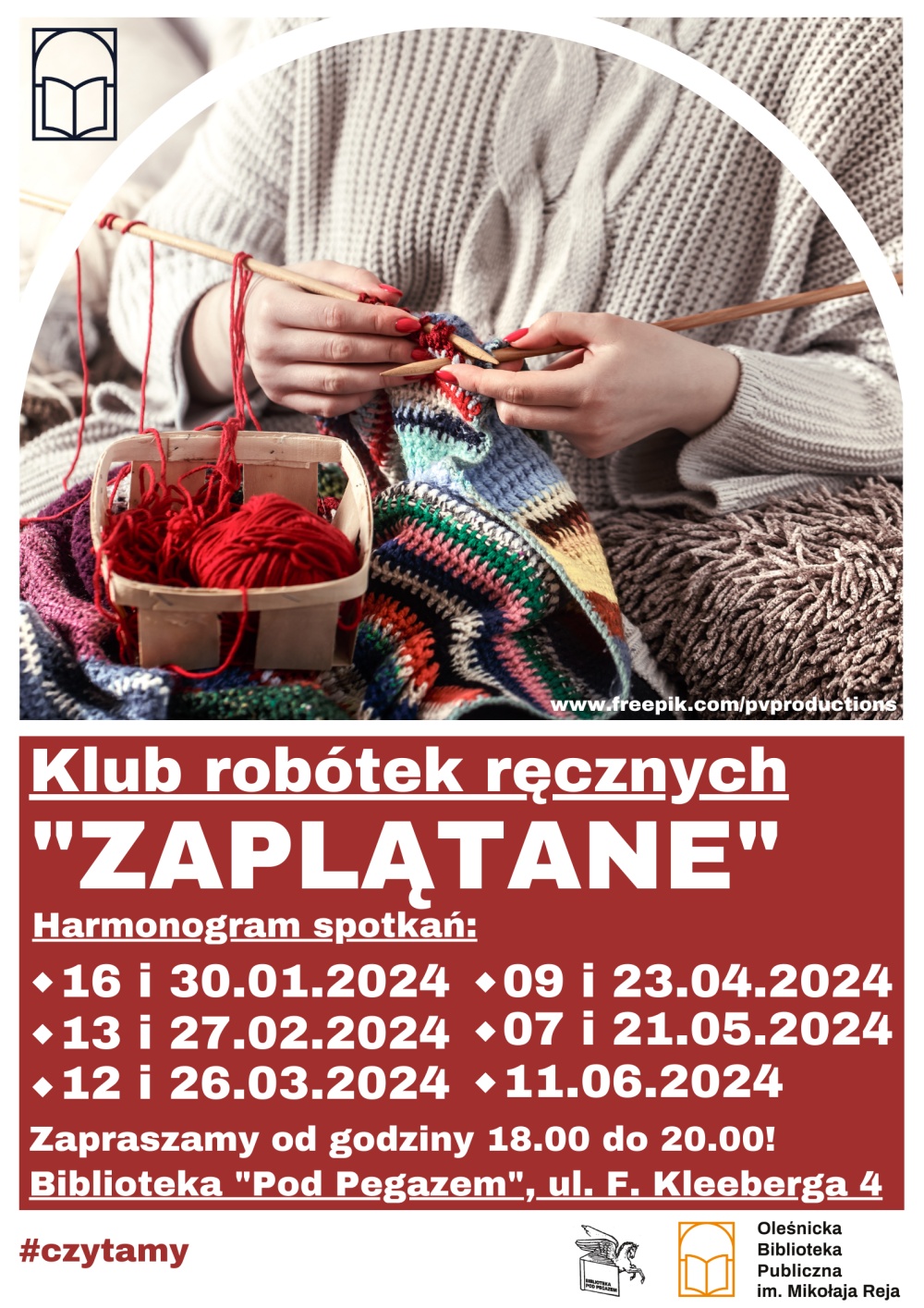 Plakat promujący spotkania Klubu Robótek Ręcznych "Zaplątane"