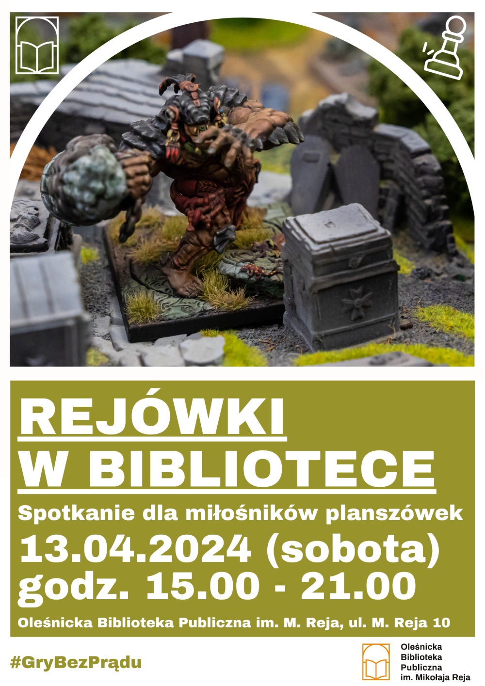 Plakat promujący kwietniowe spotkanie "Rejówek w bibliotece"