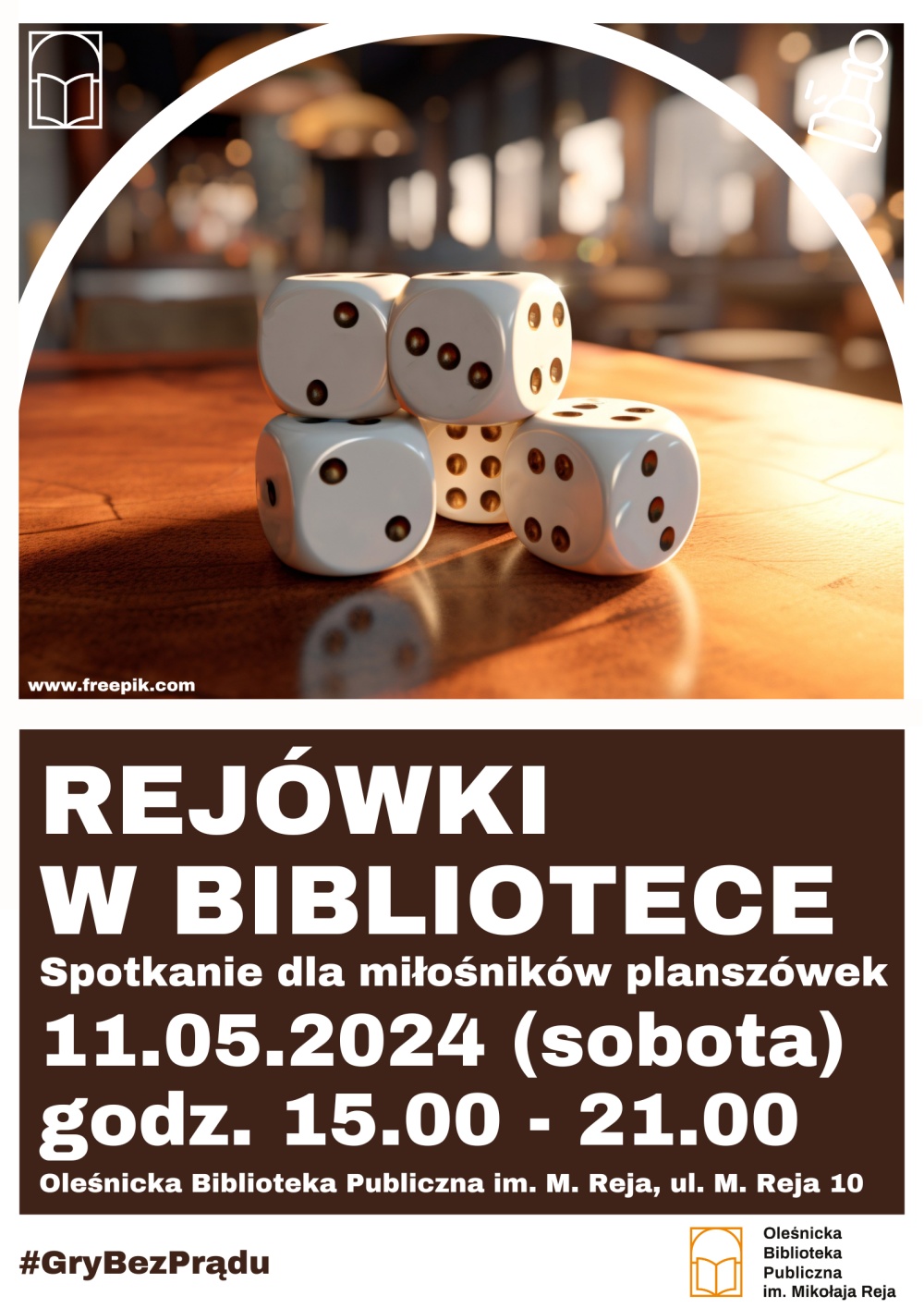 Plakat promujący spotkanie w ramach "Rejówek w bibliotece"